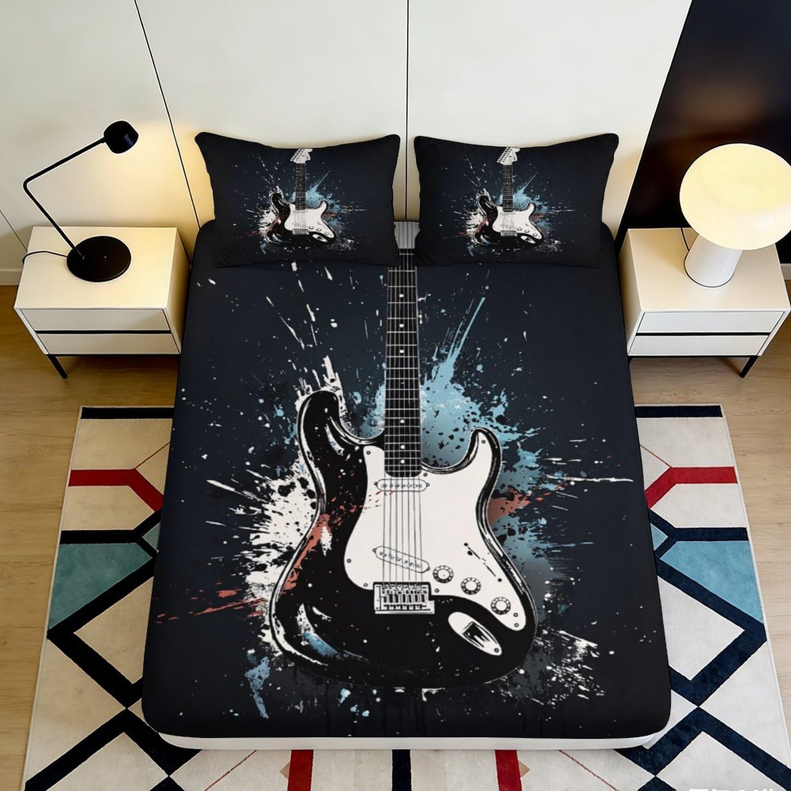 3D Printed Electric Guitar Fitted Sheet Microfiber Artistic Black Splash Mattress Cover for Bedroom Guest Room Decor 90x200x25cm