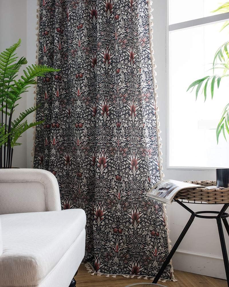 vctops Vintage Floral Print Cotton Linen Curtain Panel with Tassels Farmhouse Style Room Darkening Window Curtain for Bedroom Living Room One Panel 63 Inch Long Red