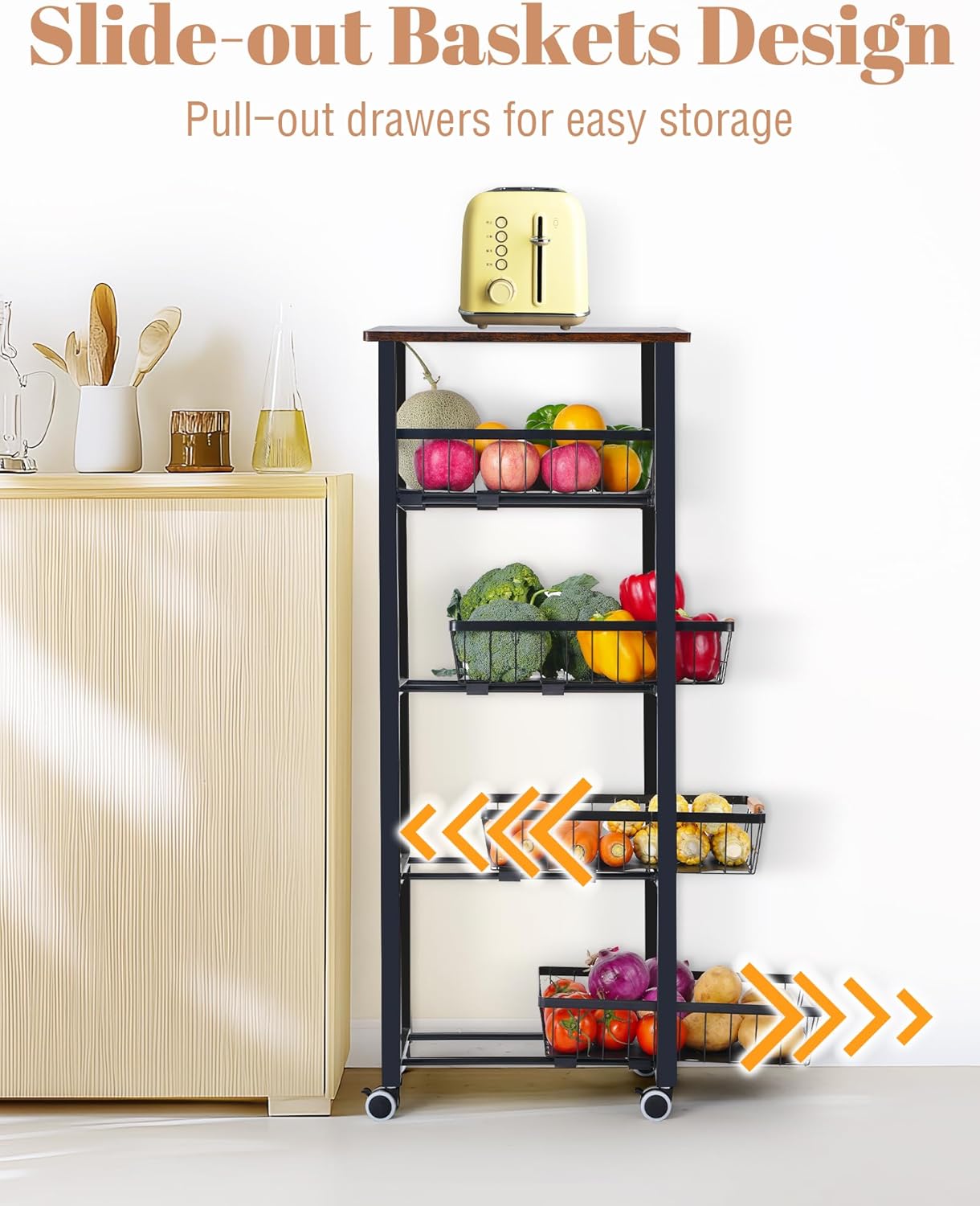Mythinglogic 5-Tier Rolling Fruit Vegetable Storage Cart with Pull-Out Baskets, Metal Kitchen Organizer, Heavy Duty Utility Rack with Wheels for Pantry, Living Room, Kitchen - Image 4