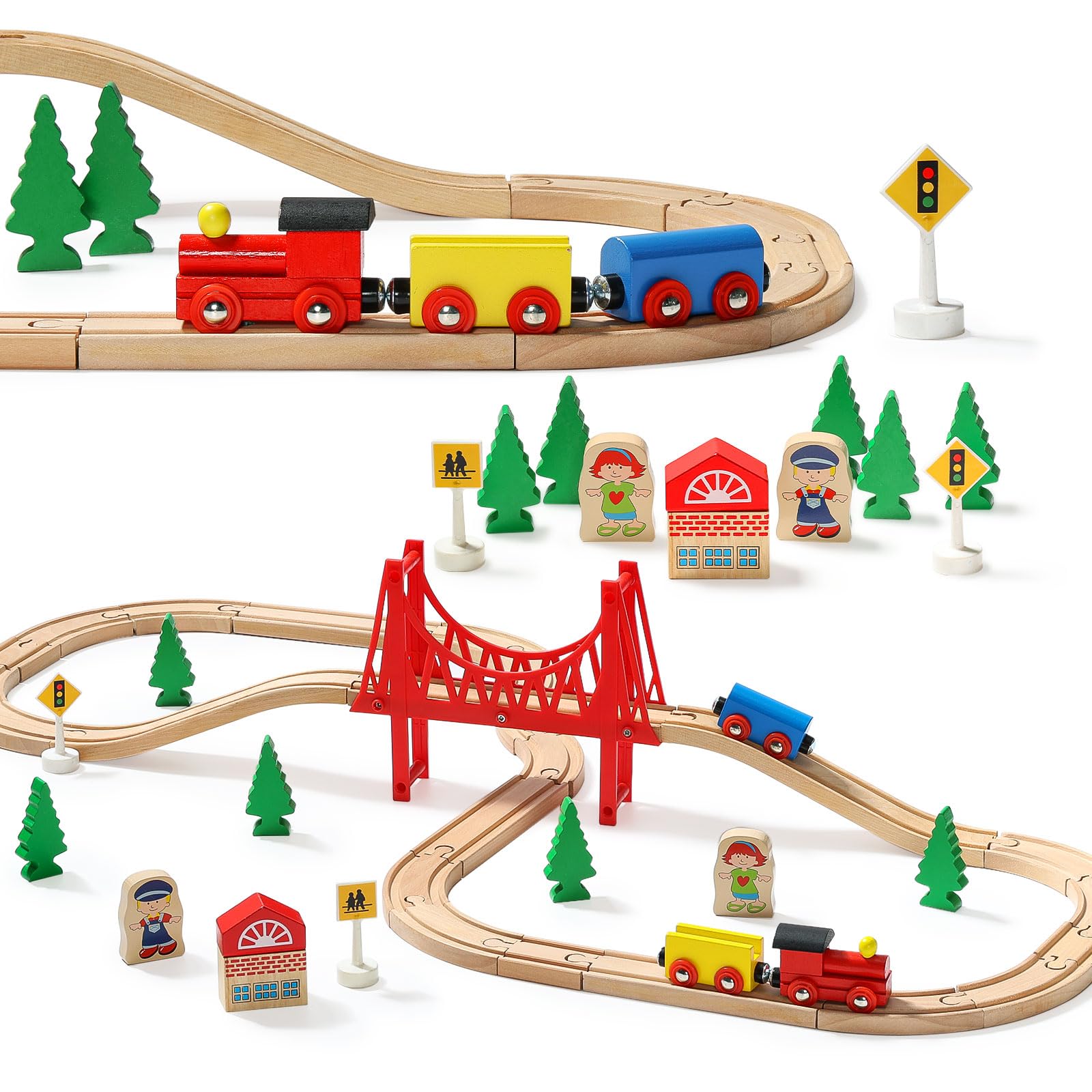 Sainsmart Jr Wooden Train Set For Toddler Double Side Wooden