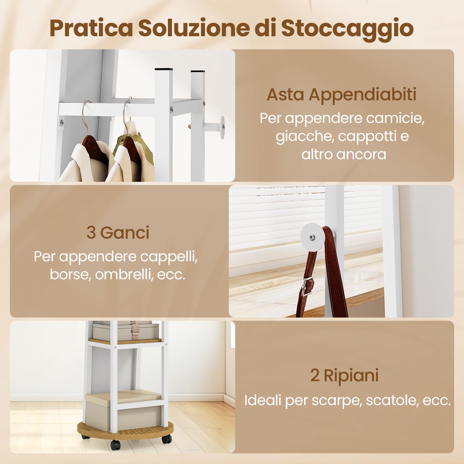 COSTWAY Appendiabiti con Specchio a Figura Intera, Appendiabiti Autoportante con 3 Ganci e Ripiani per Stoccaggio, Specchio da Terra con Ruote per Camera da Letto e Ingresso (Naturale)
