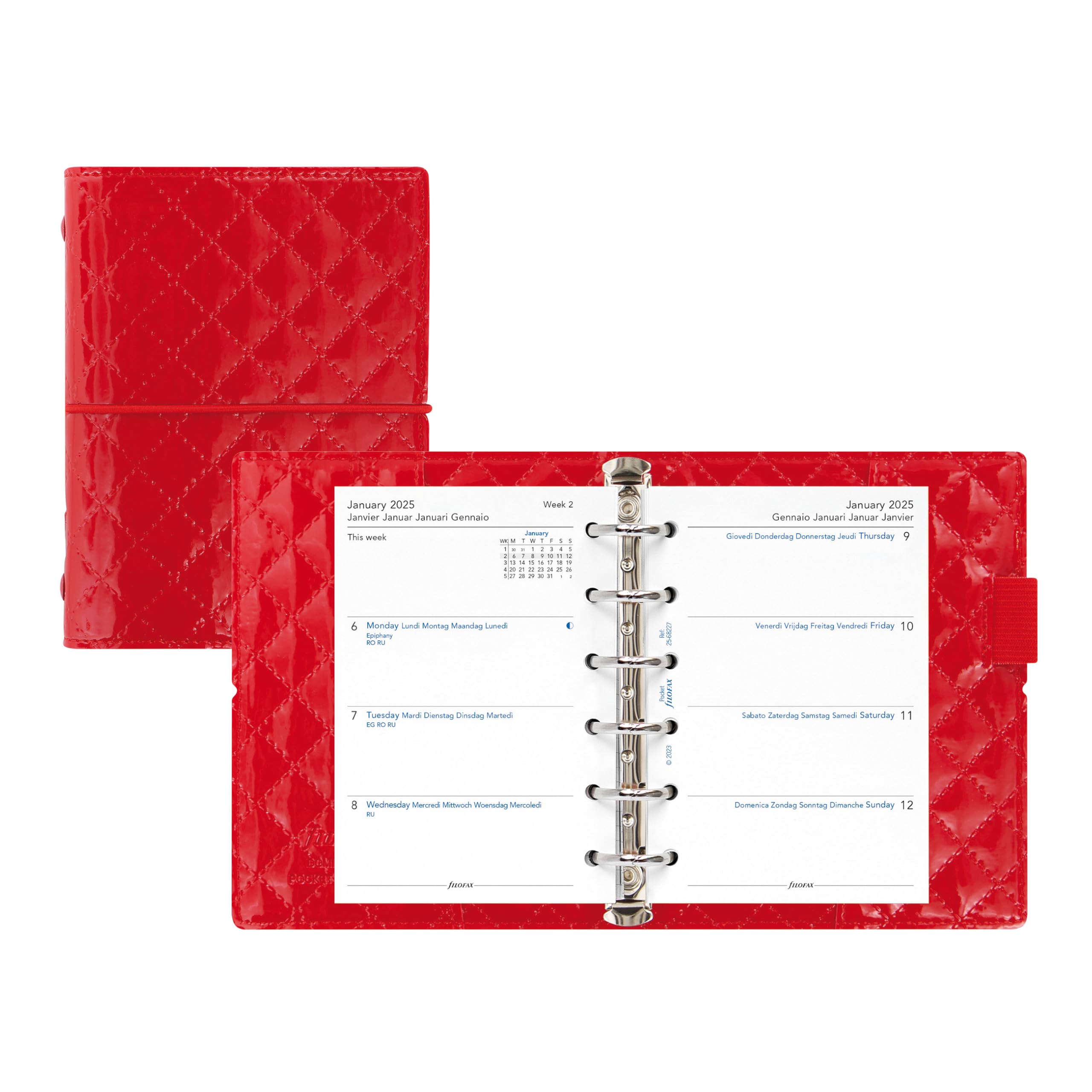 FilofaxDomino Luxe Organizer, Pocket Size, Red - High-Gloss, Quilted Effect, Parisian Inspired, Six Rings, Week-to-View Calendar Diary, Multilingual, 2025 (C027991-25)