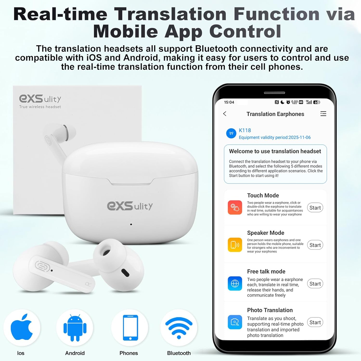 Contents of the exsulity earbuds package, including earbuds, charging case, and app interface on a phone.