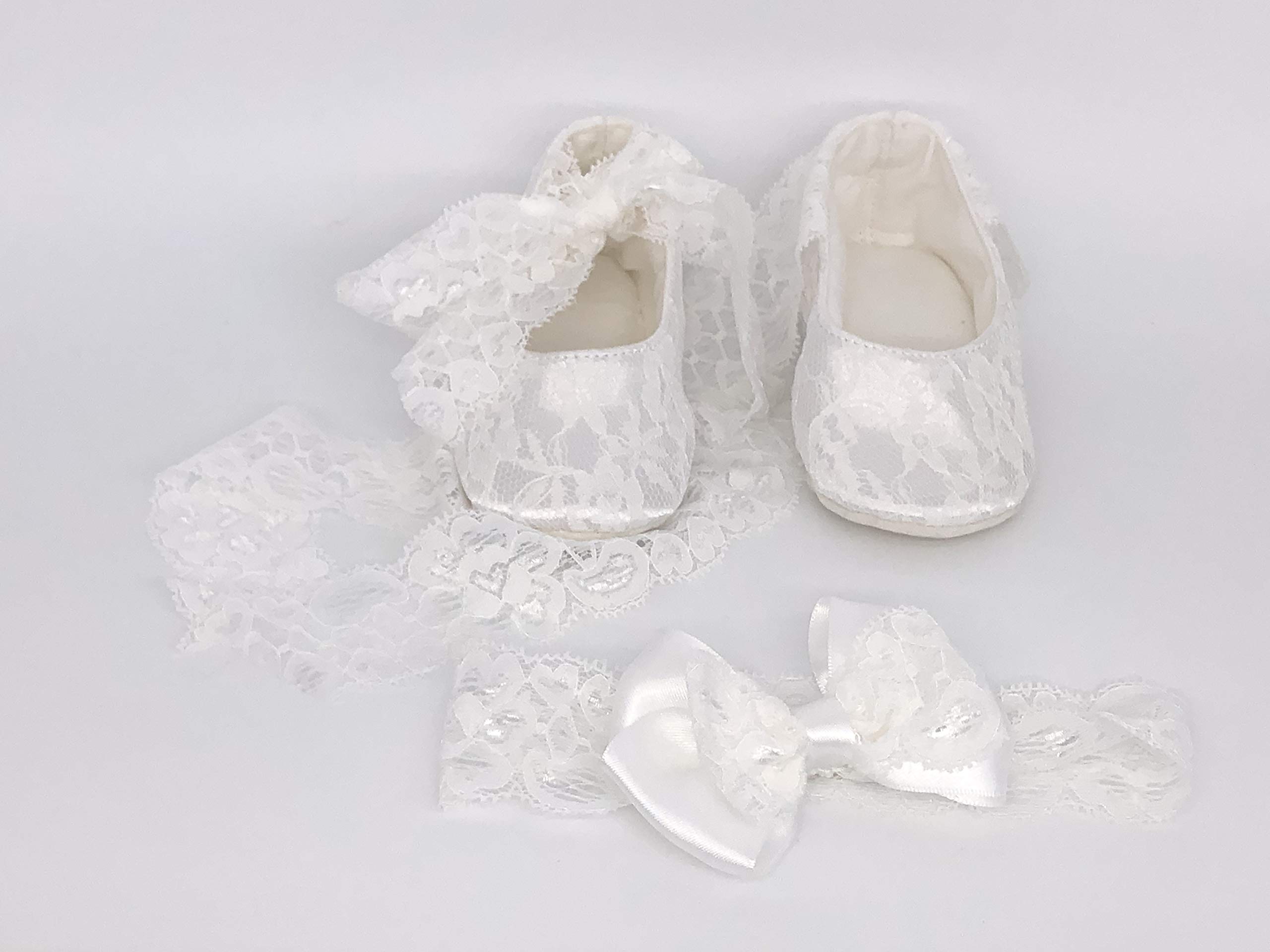 SET PIZZO FASCIA CAPELLI E BALLERINE IN PIZZO BIANCO BAMBINA NEONATA SCARPINE SCARPE ELEGANTI BATTESIMO CERIMONIA NASCITA 12 CM Brillabenny (6-12 Mesi)