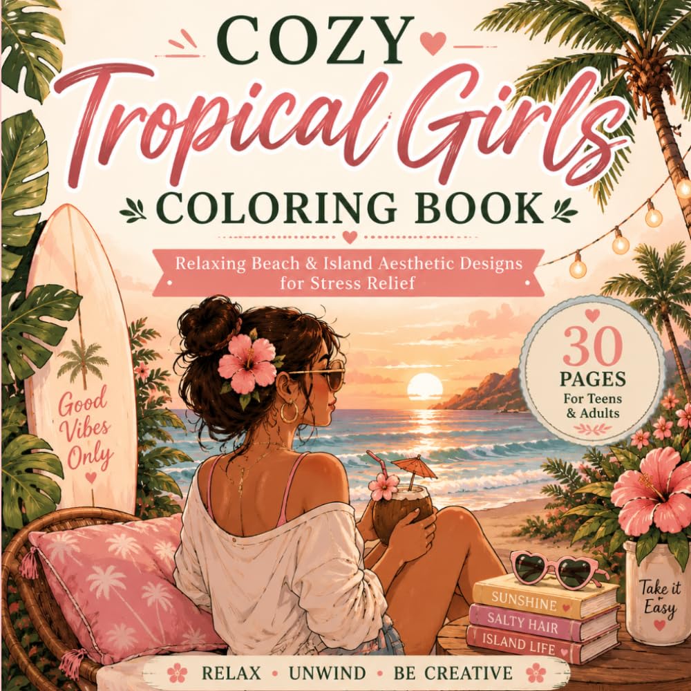Cozy Tropical Coloring Book: Relaxing Beach & Island Aesthetic Designs for Stress Relief: Relaxing Beach & Island Aesthetic Coloring Pages for Stress Relief, Mindfulness and Creativity