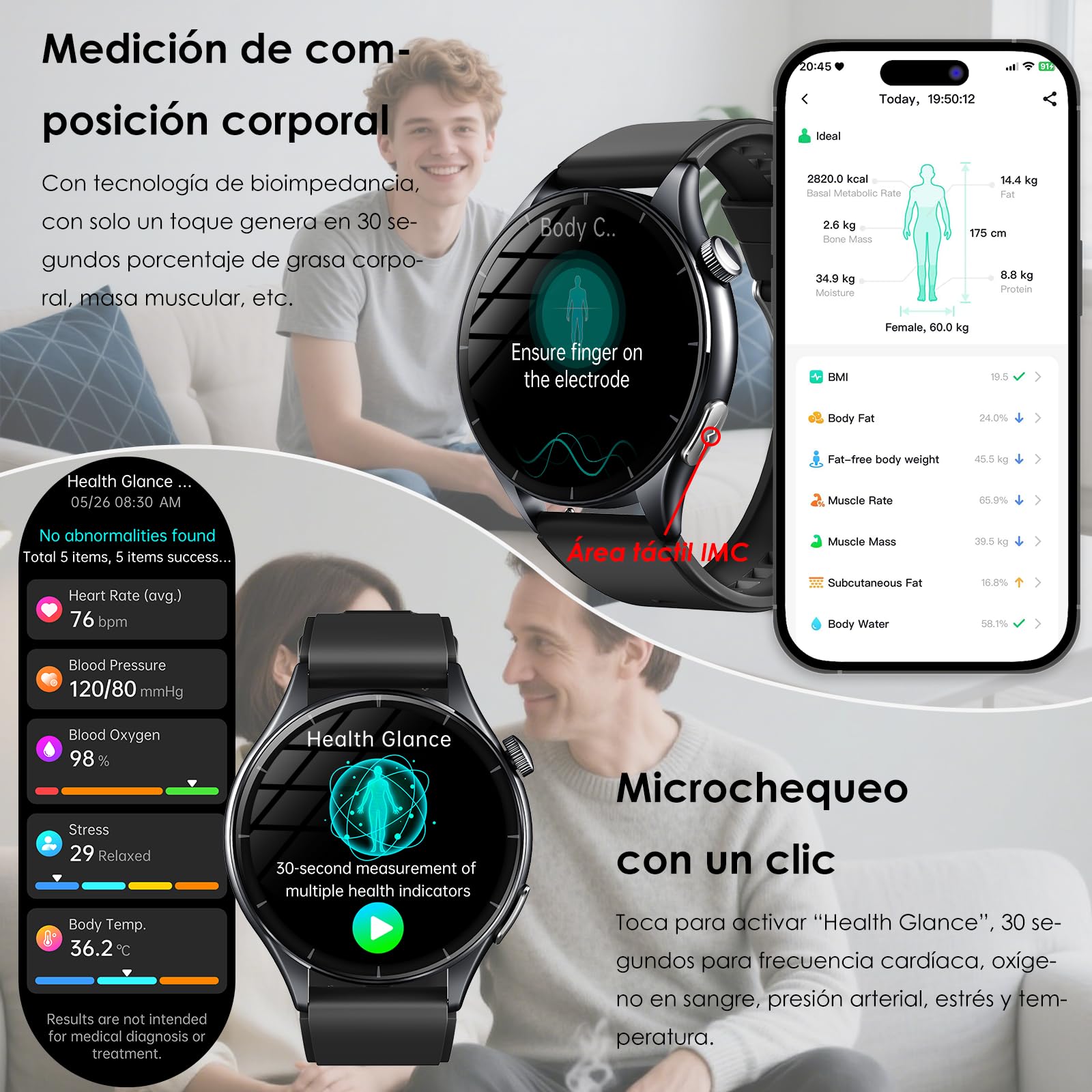 2026 Reloj Inteligente con ECG Presion Arterial 24H Pulsómetro,Hombre Mujer | Reloj Salud Pantalla AMOLED 1,56", Composición Corporal/HRV/Sueño/SpO2/Temperatura Corporal/IMC/30sMini Chequeo/Lámpara LED