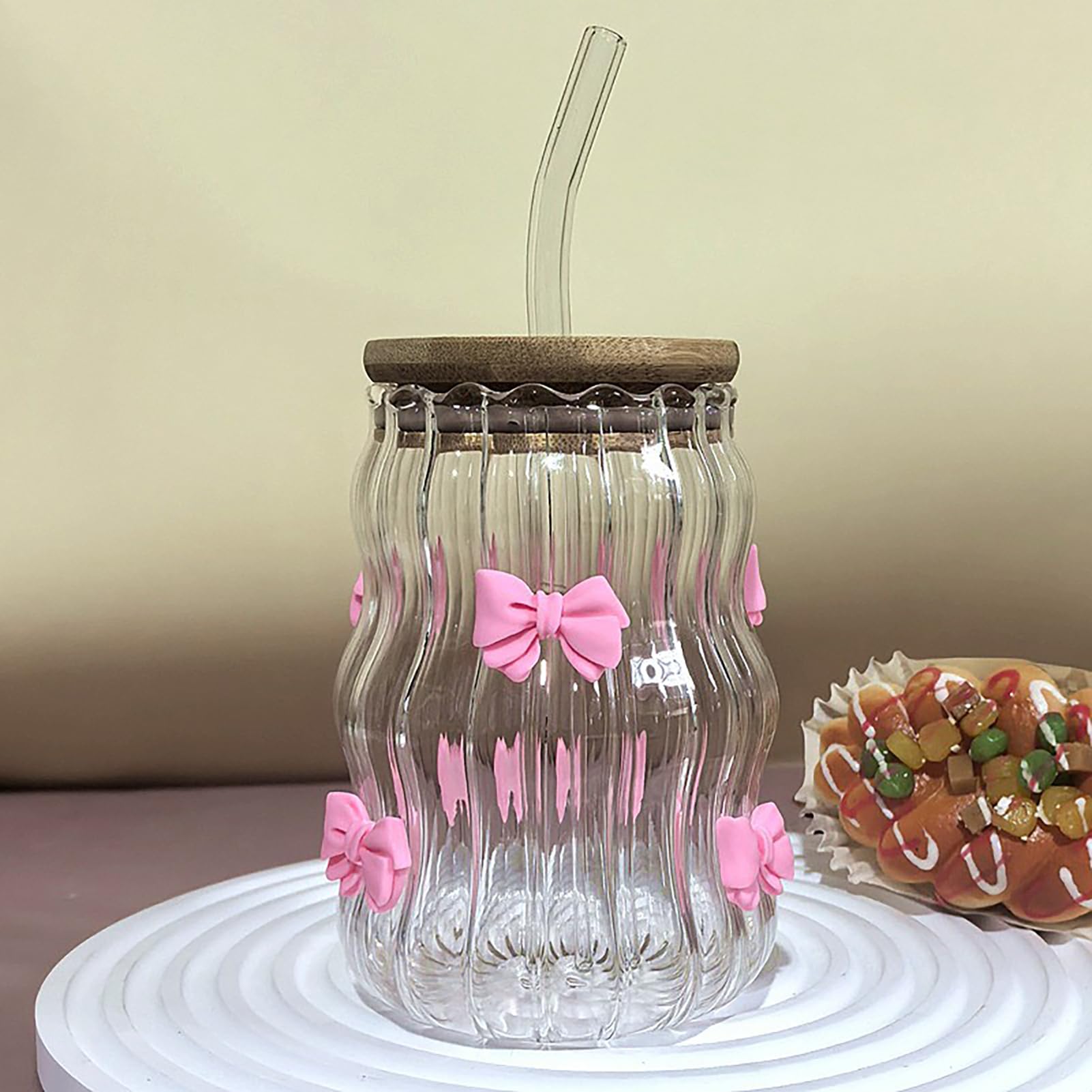 BestAlice Ribbed Glass Drinking Cup, 450ml, Pink, Bow or Rose Style, Iced Coffee Cup, Bubble Glass, Medium Size, Reusable - Image 2