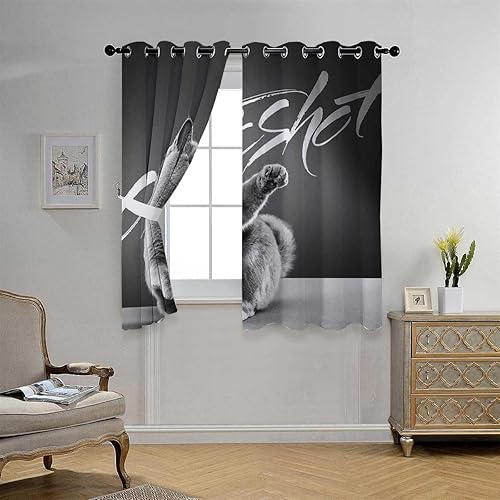 Miniatura 2 de Paraban para Dividir Espacio Black and White Cat Grommet Short Curtains for Patio Doors Cortinas para Ventanas De Cuarto 85Inch Width by 108Inch