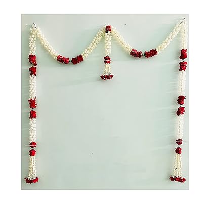 Sphinx Artificial Jasmine (Mogra) and Roses Door Toran/Door Hangings/Door Garlands for Main Entrance,Festive Wedding Housewarming Decorations-(Sine Line with Clustered/Tassle Strings,1),8 Centimeters