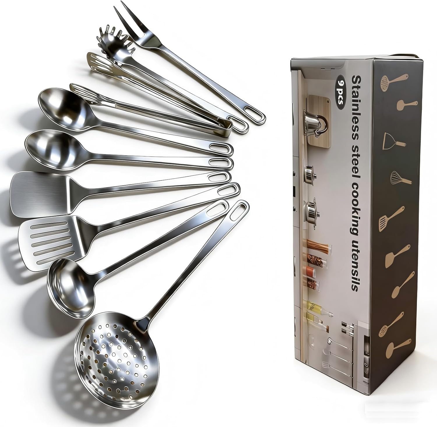 9 Pcs Cooking Utensils Set, Stainless Steel Kitchen Utensils, Heat Resistant Metal Kitchen Tools Include Solid & Slotted Turner Wok Spatula, Serving Spoon, Ladle, Pasta Server, Meat Fork, Tongs Silver