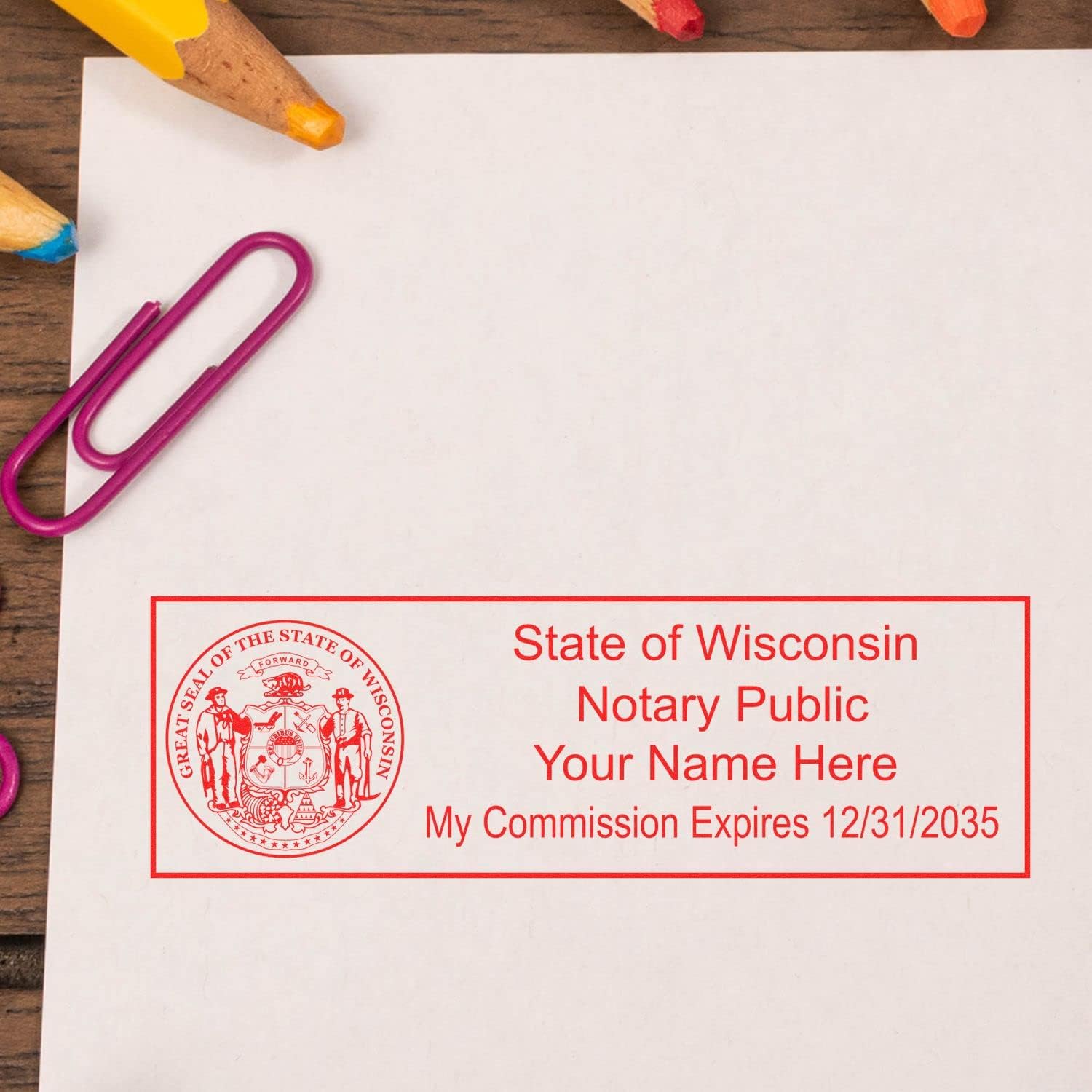 Super Slim Pre-Inked Rectangular Wisconsin Notary Stamp, Sleek and Compact, 7/8" x 2-1/4" Imprint Size, Available in 5 Ink Colors