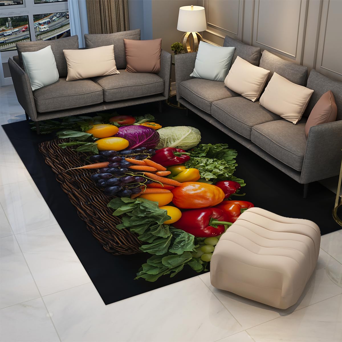 Tapis de Salle à Manger pour l’entrée Tapis Fruits et légumes Moquette Cuisine Antidérapante et à Poil Bas Tapis Doux lavables d’intérieur et décoration intérieure Noir 100x200cm