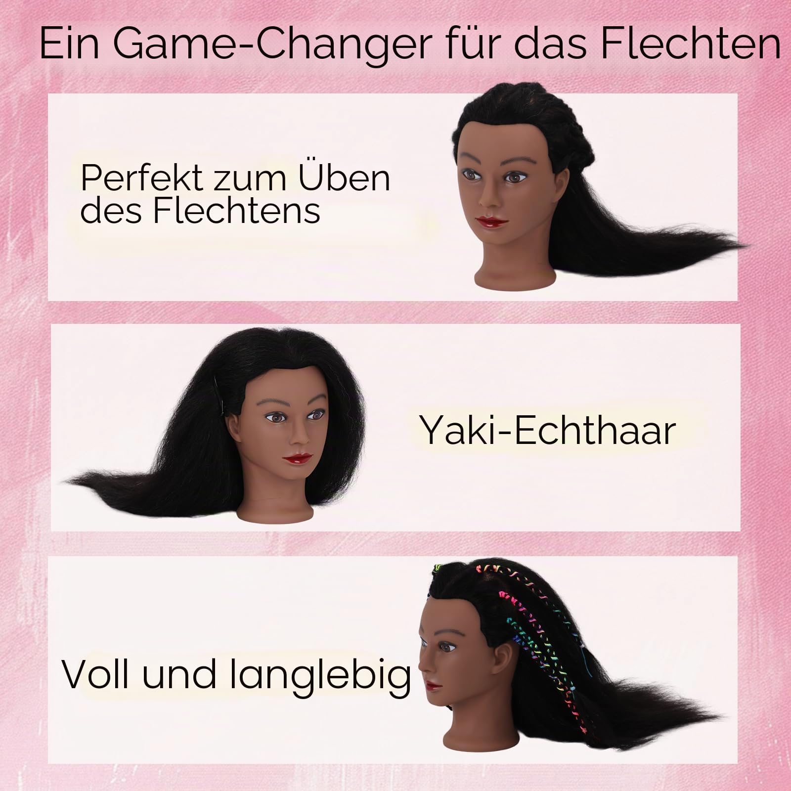 Schwarzer Mannequin-Kopf Afro 100% Echthaar, 45,7 cm, gerades Styling-Kopfmodell für Mädchen zum Üben, Haarstyling-Kopf und Übungsset für Kosmetiktraining und Stylisten