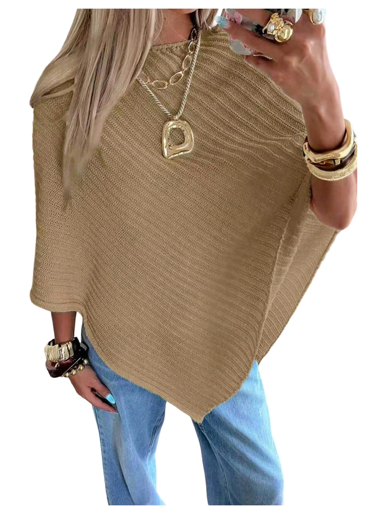 MakeMeChic Womens Cape Poncho Sweater Cloak Sleeve Boat Neck Asymmetrical Rib Knitted Tops