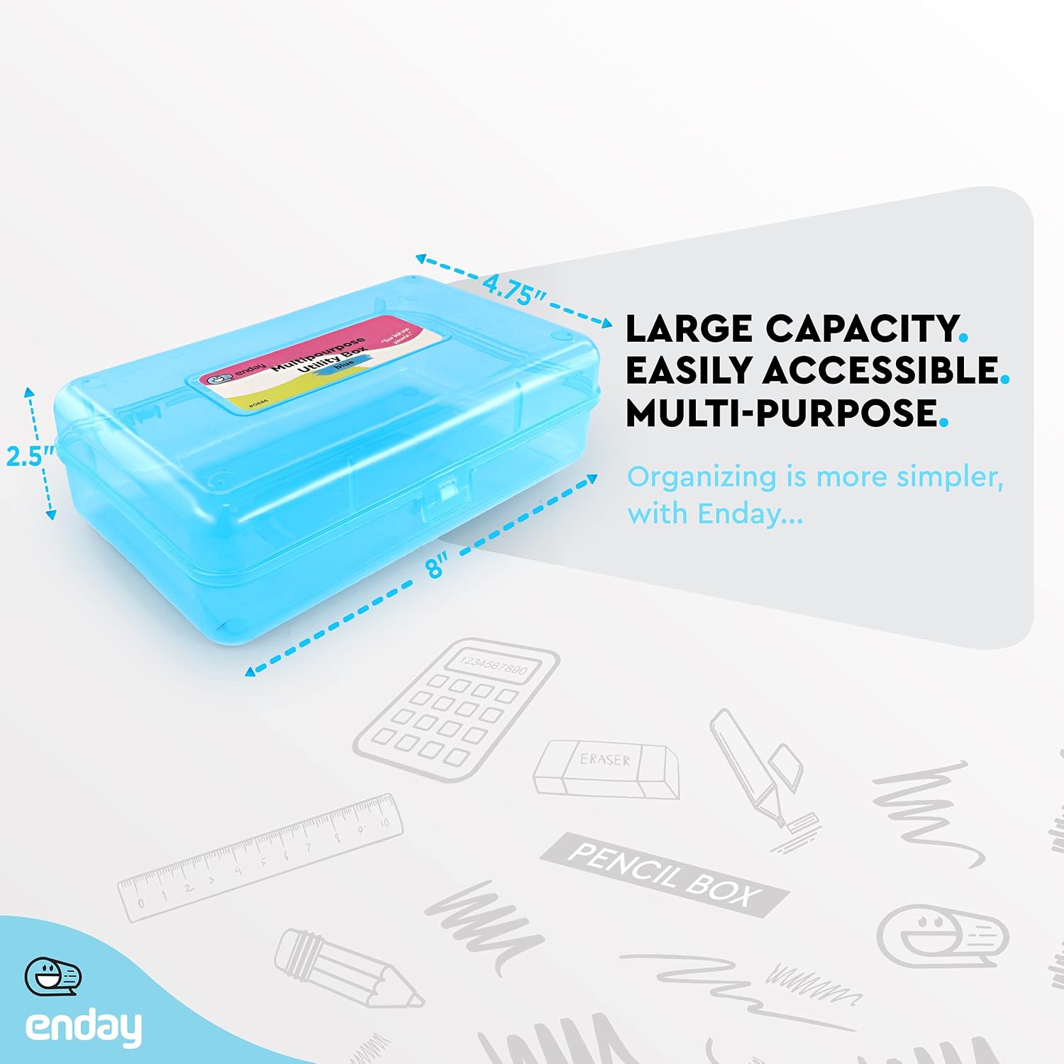 Enday Plastic Pencil Box Case Blue, Multipurpose Storage Organizer, Large Capacity School and Office Supplies with Snap Lid Utility Box, Also Available in Purple, Pink, Red, Green, Grey, 1 Pc image 5