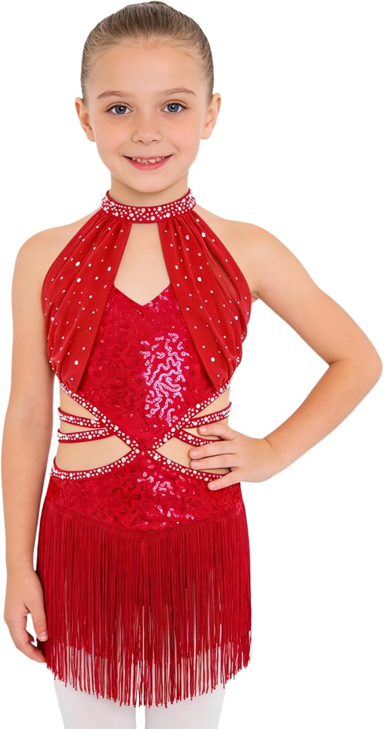 Kids Girls Sleeveless Tassels Latin Dance Leotard Sequins Jazz Cha Cha Tango Dance Dress for Competitions