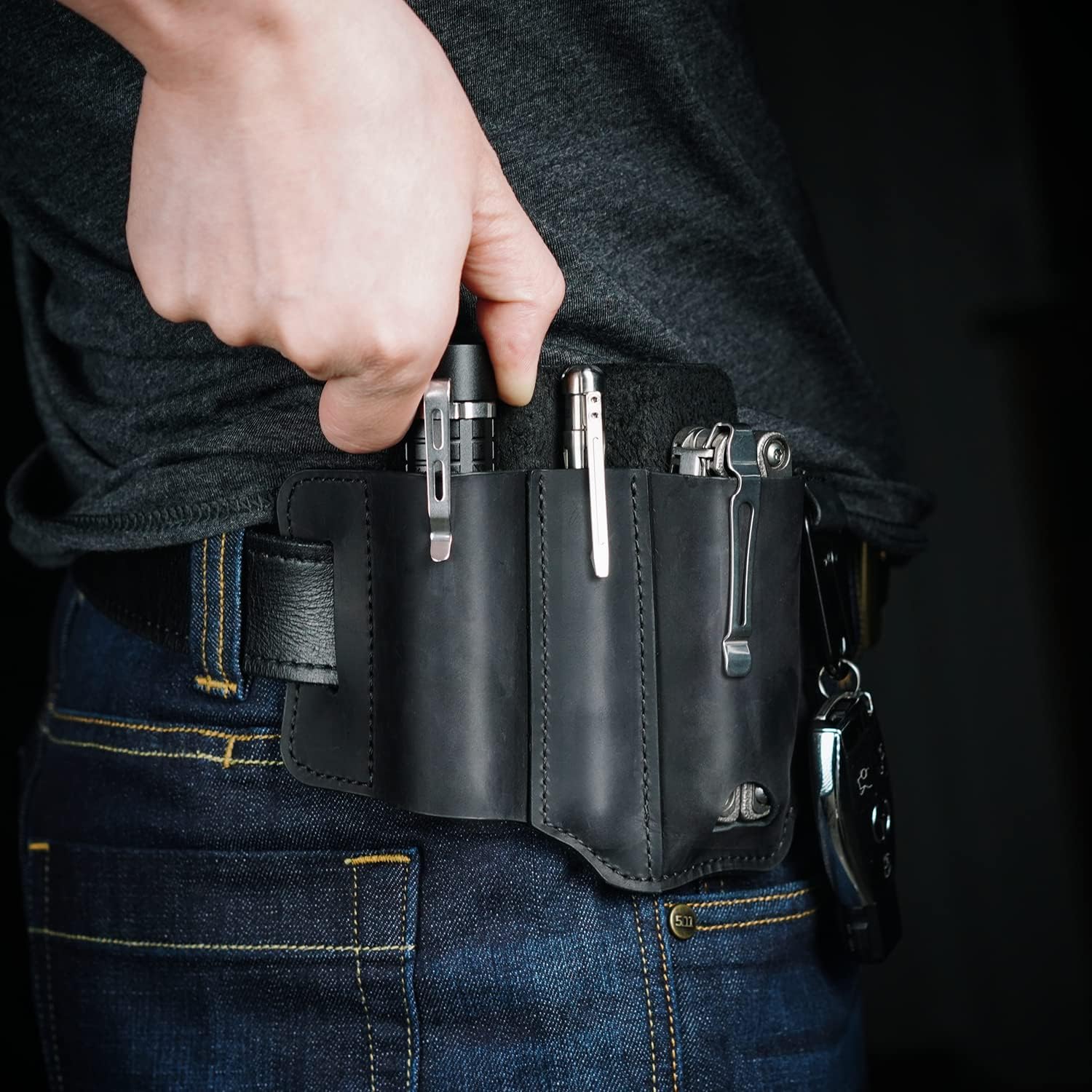 VIPERADE PJ29 Multitool Sheath for Belt, Leather EDC Pocket Organizer for Men, EDC Leather Sheath, Flashlight and Multitool Sheath, EDC Belt Organizer (Black) - Image 2