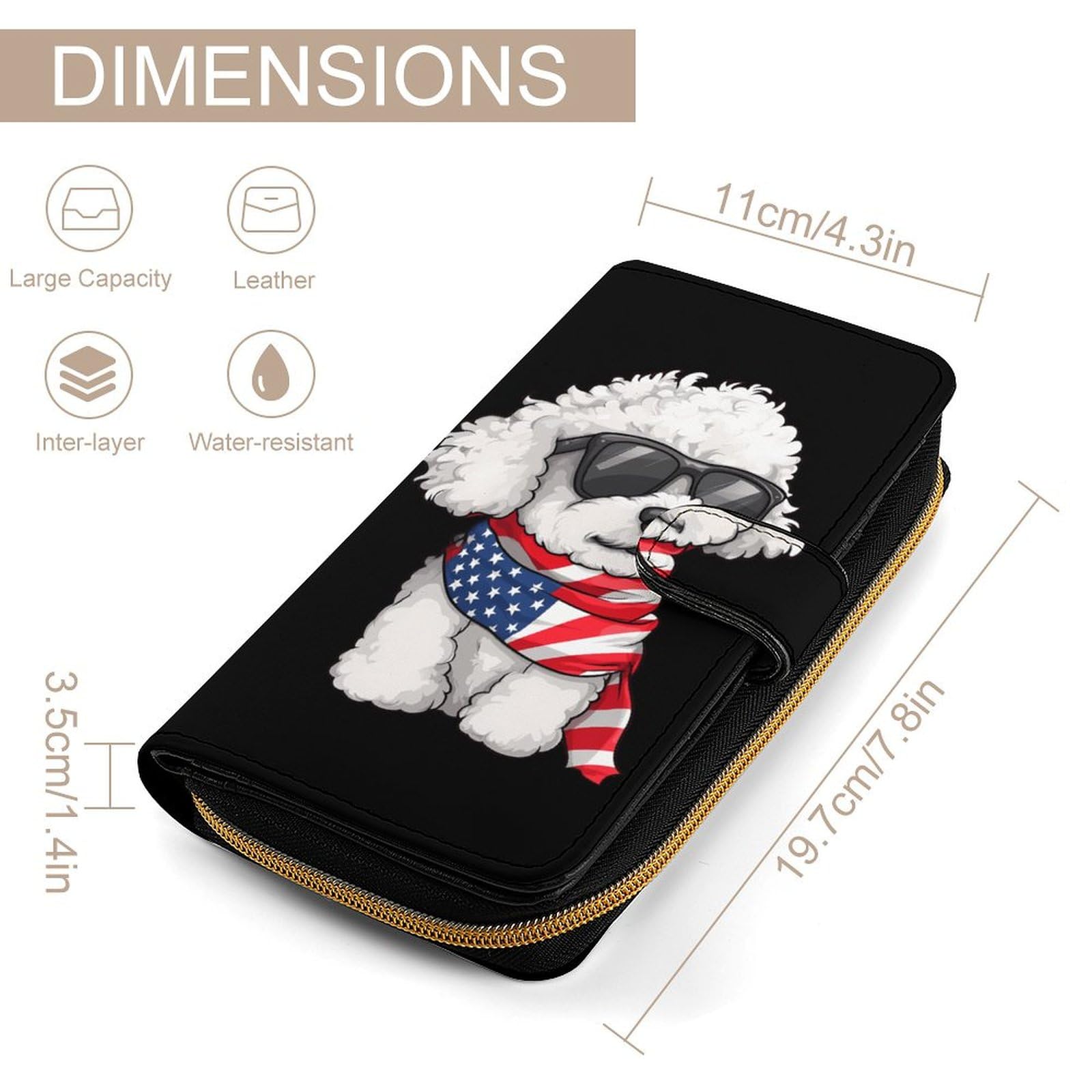 4th Of July US Flag Bichon Frise Dog Long Wallet PU Leather Credit Card Holder Durable Zippered Purse Clutch Wallet