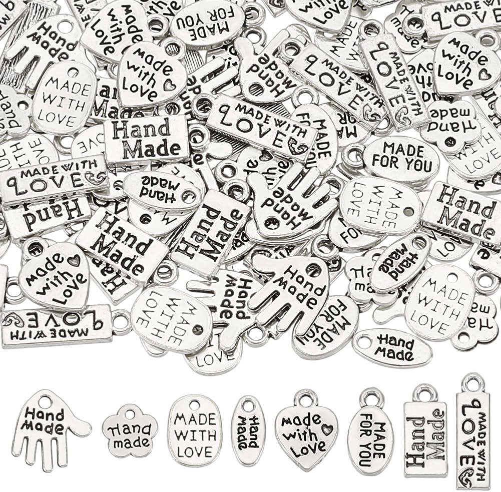 FINGERINSPIRE 160Pcs 8 Styles Tibetan Style Alloy Word Message Charms Pendants, Palm/Heart/Oval/Rectangle/Flower Shapes Handmade Charms Pendants Jewelry Making Accessories for DIY Necklaces Bracelets