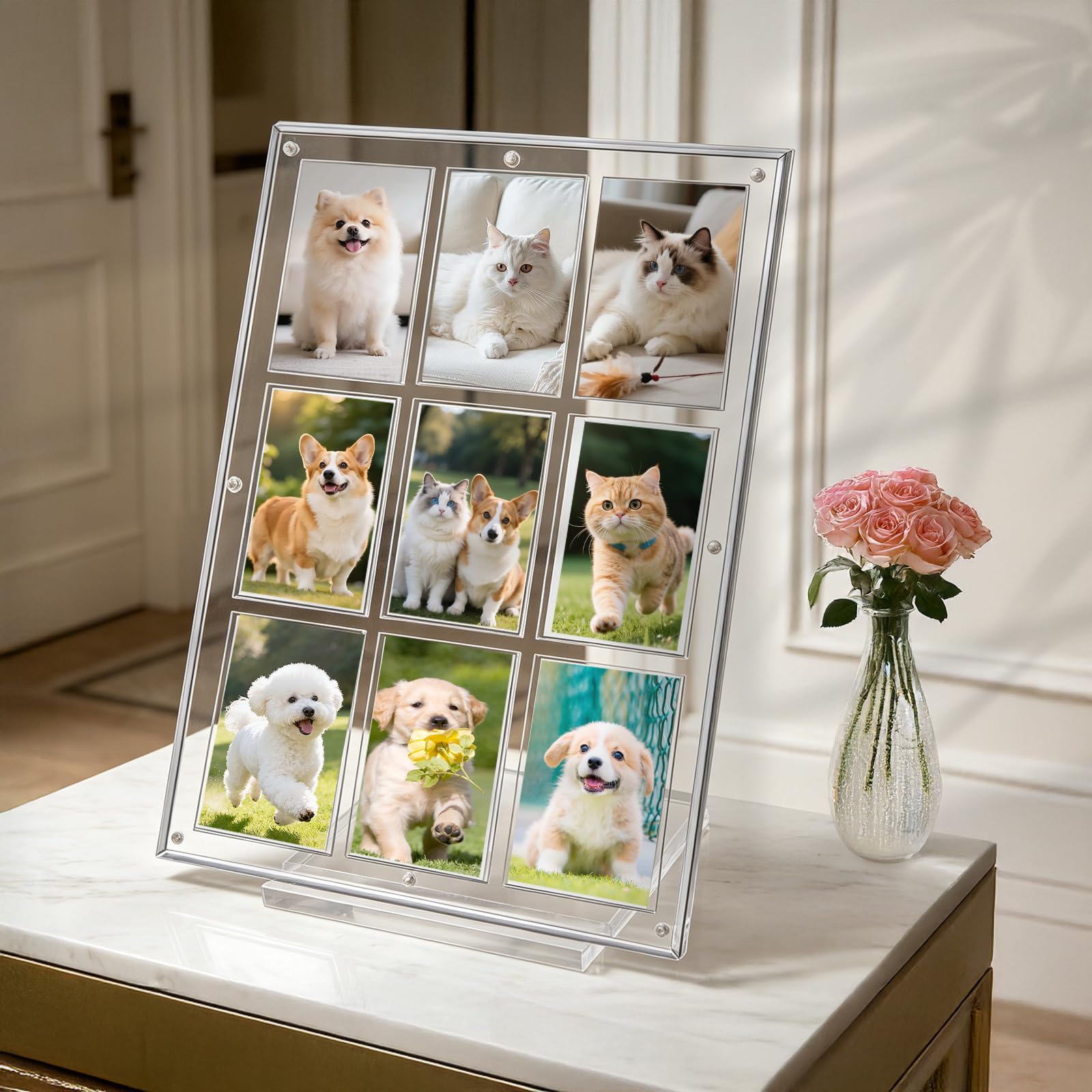 SWAWIS Porte-cartes en acrylique 31,4 x 24 x 0,65 cm avec socle, porte-cartes magnétique résistant aux UV, collections, photos, pour 9 emplacements pour cartes