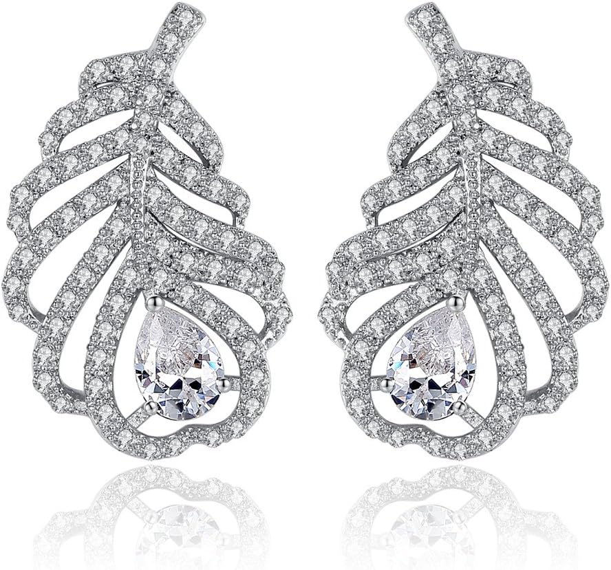 Echoes 925 Silver 18K Gold Plated Feather Style Zirconia Earrings with Rhinestone