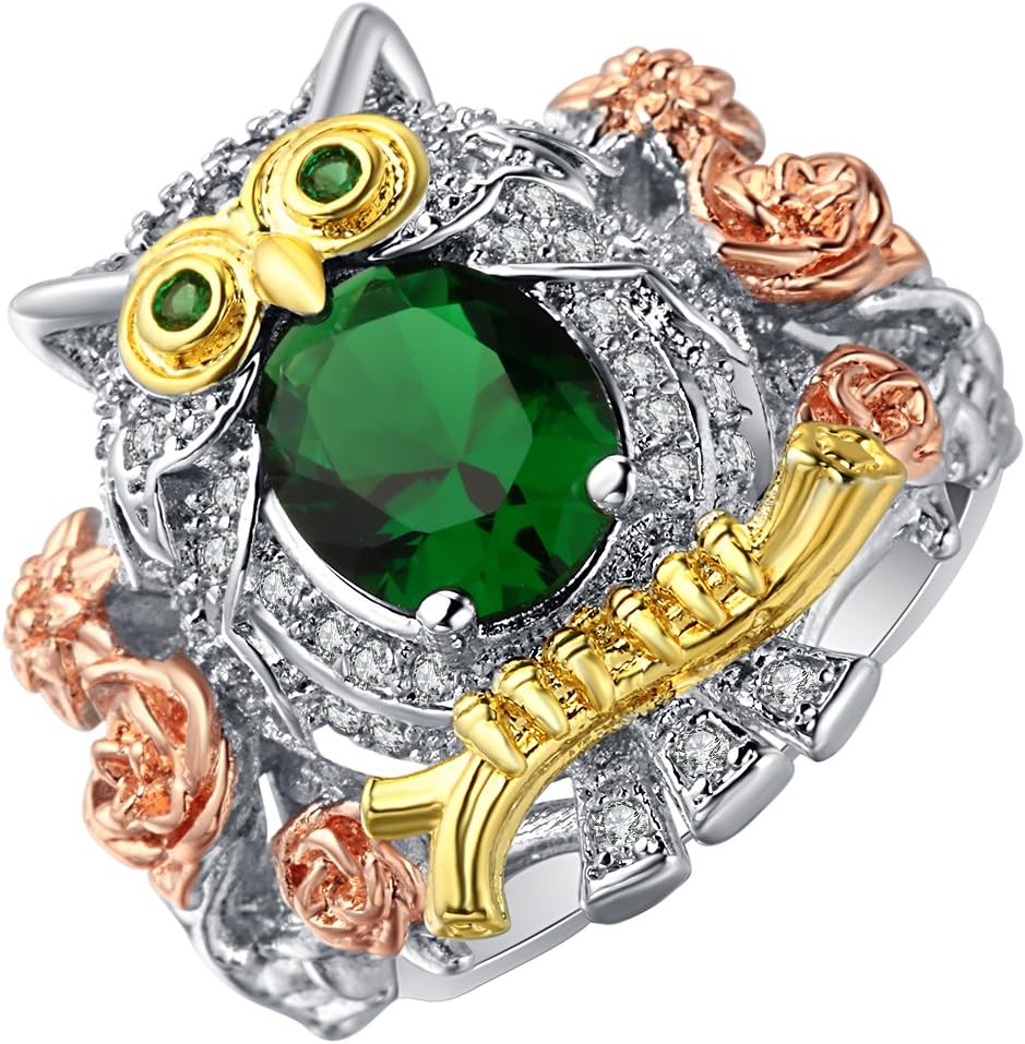 Ginger Lyne CollectionHoot Owl Ring for Women Green Cubic Zirconia - Three-Tone Plating in Rose Gold, Gold, Platinum Over Copper - Clear Accent Stones