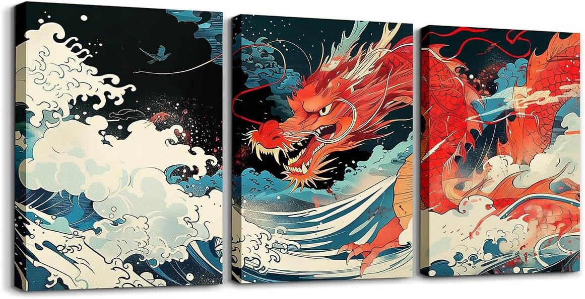 Feelyou 3 Piece Dragon Canvas Wall Art for Living Room Fantasy Wild Animals Picture Wall Decor for Dining Room Bedroom Bathroom Forest Animal Wall Art Mythical Creatures Painting Home Decor
