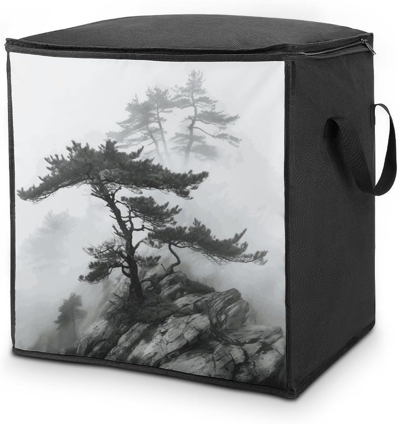 Portable Quilt Storage Bag,Foggy Mountain Pine Tree Printed Foldable Wardrobe Storage Box Foldable Storage Bag with Lids And Handle Large Clothing Storage Bag for Comforters Clothes Blankets Pillows