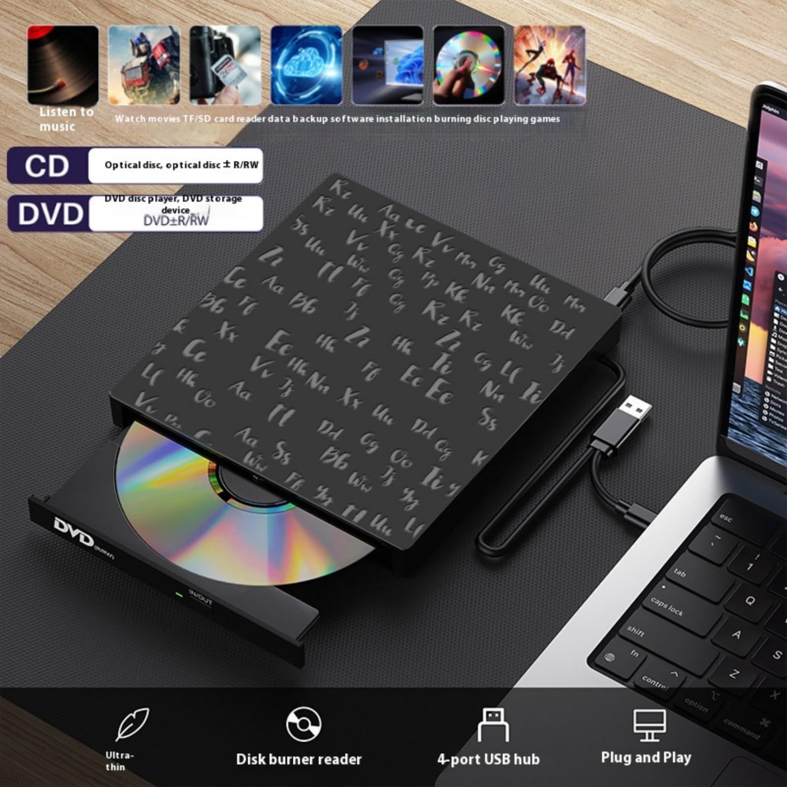 Masterizzatore esterno DVD 5 in 1 Funzione USB3.0 Tipo C Porta CD Writer per computer USB C Rws Drive