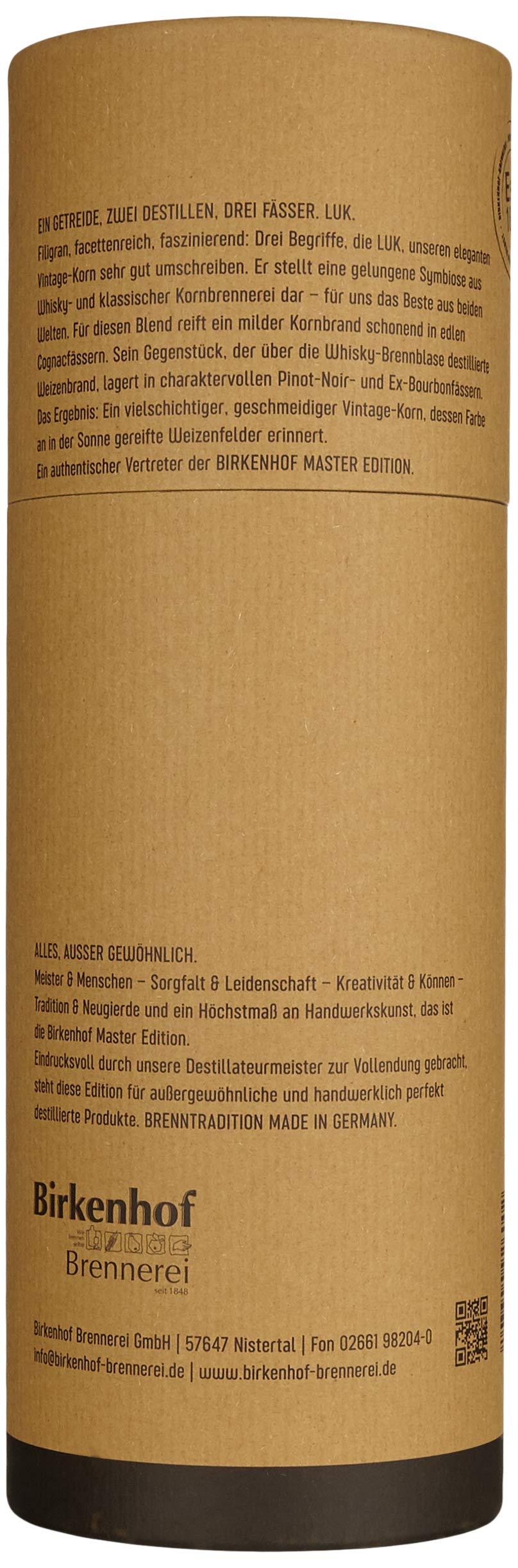 BIRKENHOF Brennerei | LUK Handcrafted Vintage Korn in Tube-Naturkarton | (1 x 0,7l ) - 43 % vol.