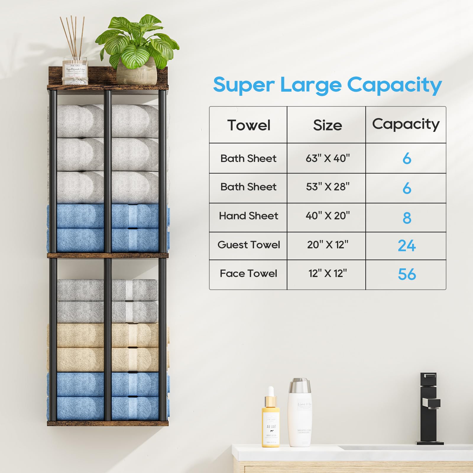 Soporte para Toallas de Pared con Estante de Madera - Organizador de Baño con 3 Barras, Gran Capacidad y Fácil Instalación - Ideal para Toallas Enrolladas - Marrón