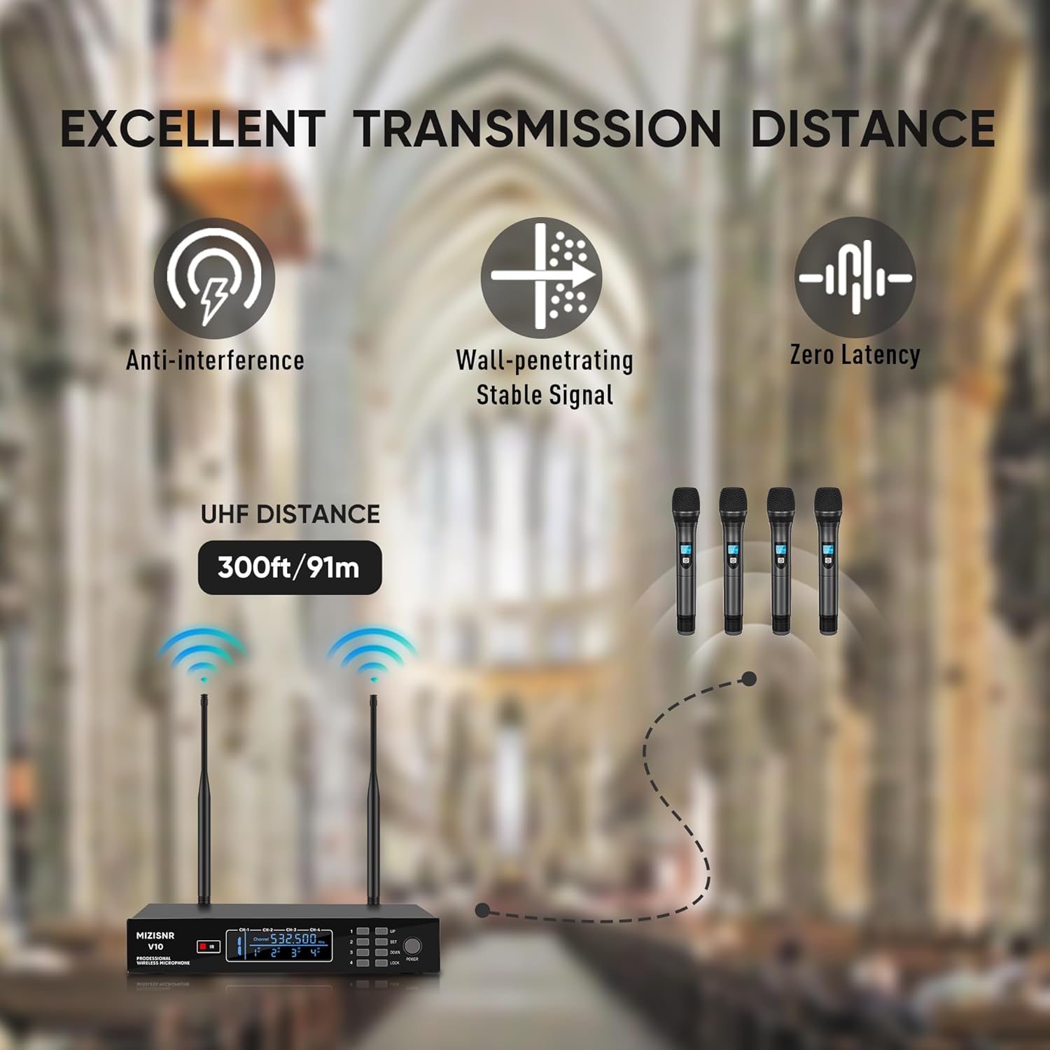 4 Channel Wireless Microphone System, Professional UHF Cordless Handheld Microphones set for Singer, Metal Receiver with Adjustable Frequency Auto Scan 300ft Range for Singing karaoke Speaking