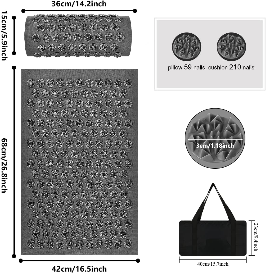 【2022 Upgrade】Yakario Acupressure Mat And Pillow Set，Lengthen Pure Cotton Detachable Massage Pad With Carry Bag For Exercise Muscle Relaxation Fatigue Stress Reduction-Gray : Health & Household