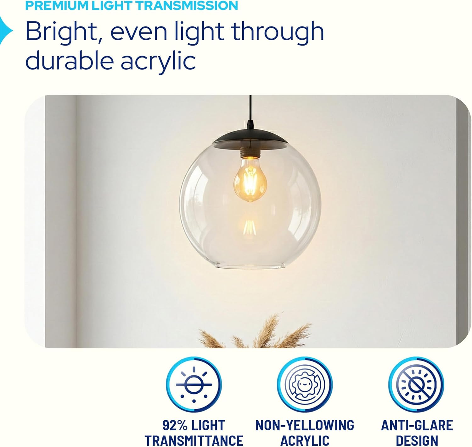 KASTLITE 10" Acrylic Globe Pendant Light Fixture, 8W 3000K Filament LED Bulb, Ceiling Mount - Kitchen Pendant Lighting Over Island, Hanging Dining Light, Living Room Lamp - Bronze Shade, White Base