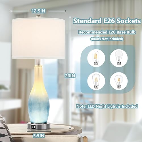 Vista 5 de BesLowe Juego de 2 lámparas de mesa de cristal de 26 pulgadas de alto con 2 puertos de carga USB y luz nocturna LED, lámparas de mesa costeras
