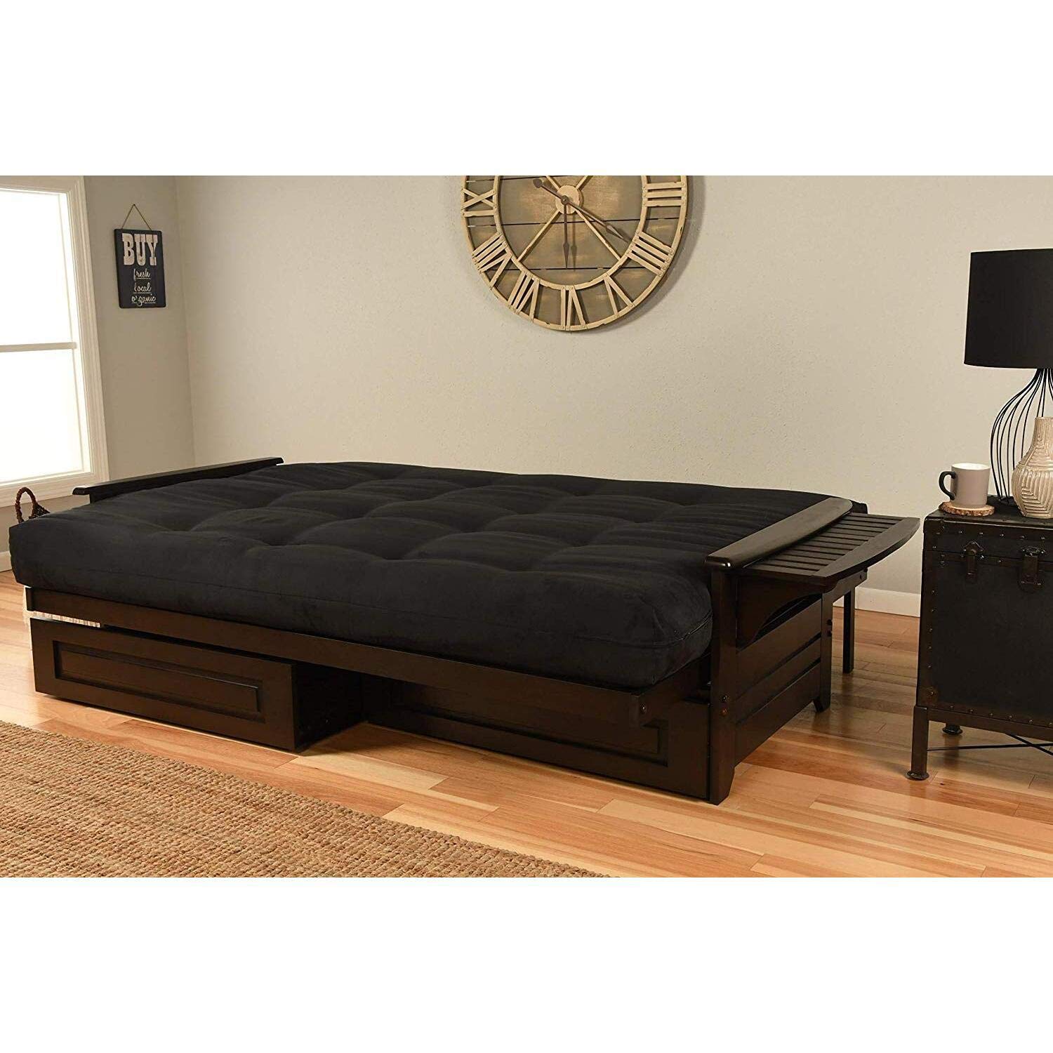 Phoenix Frame Queen-Espresso Finish-Suede Black Mattress-Storage Drawers