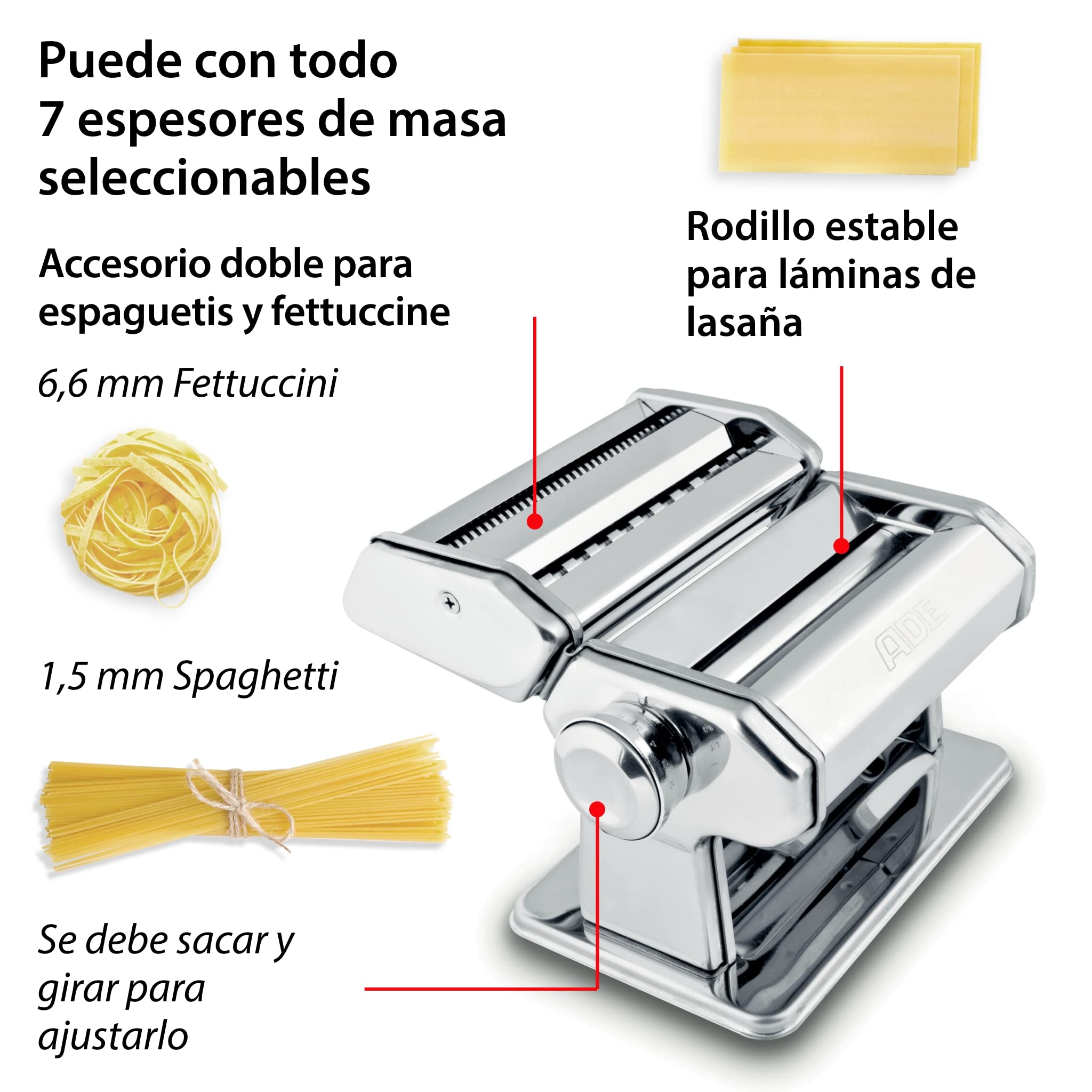 ADE Máquina para hacer pasta fresca | 7 espesores de masa para lasaña espaguetis fettucine | con extras: secador de pasta y cepillo de limpieza | pastamaker de acero inoxidable