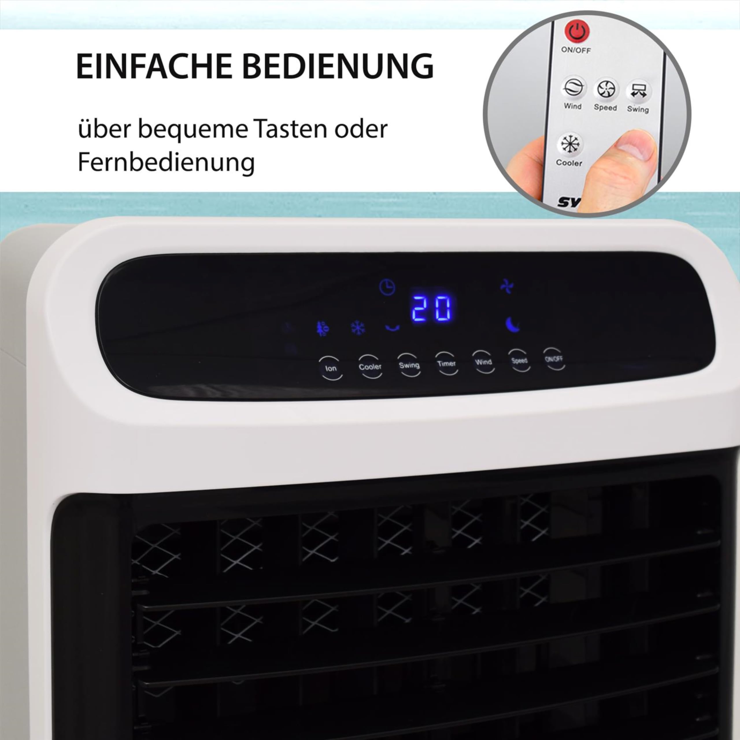Syntrox Verdunstungskühler Windo | Luftkühler mit Wasser | Luftbefeuchter, Einstellbare Geschwindigkeiten und Timer, Effektive Kühlung gegen trockene Luft, für zuhause und Büro