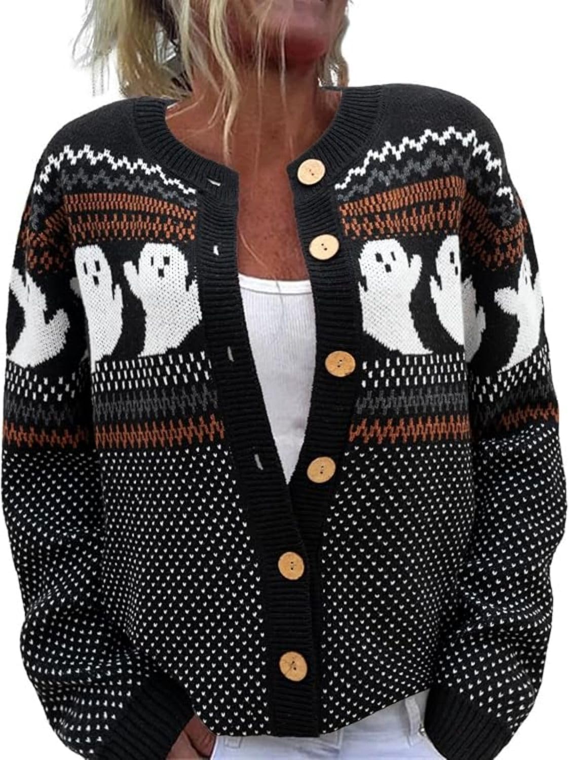 Fall Halloween Cardigans Sweater for Women Funny Holiday Graphic Long Sleeve Knit Button Down Sweatshirt Tops