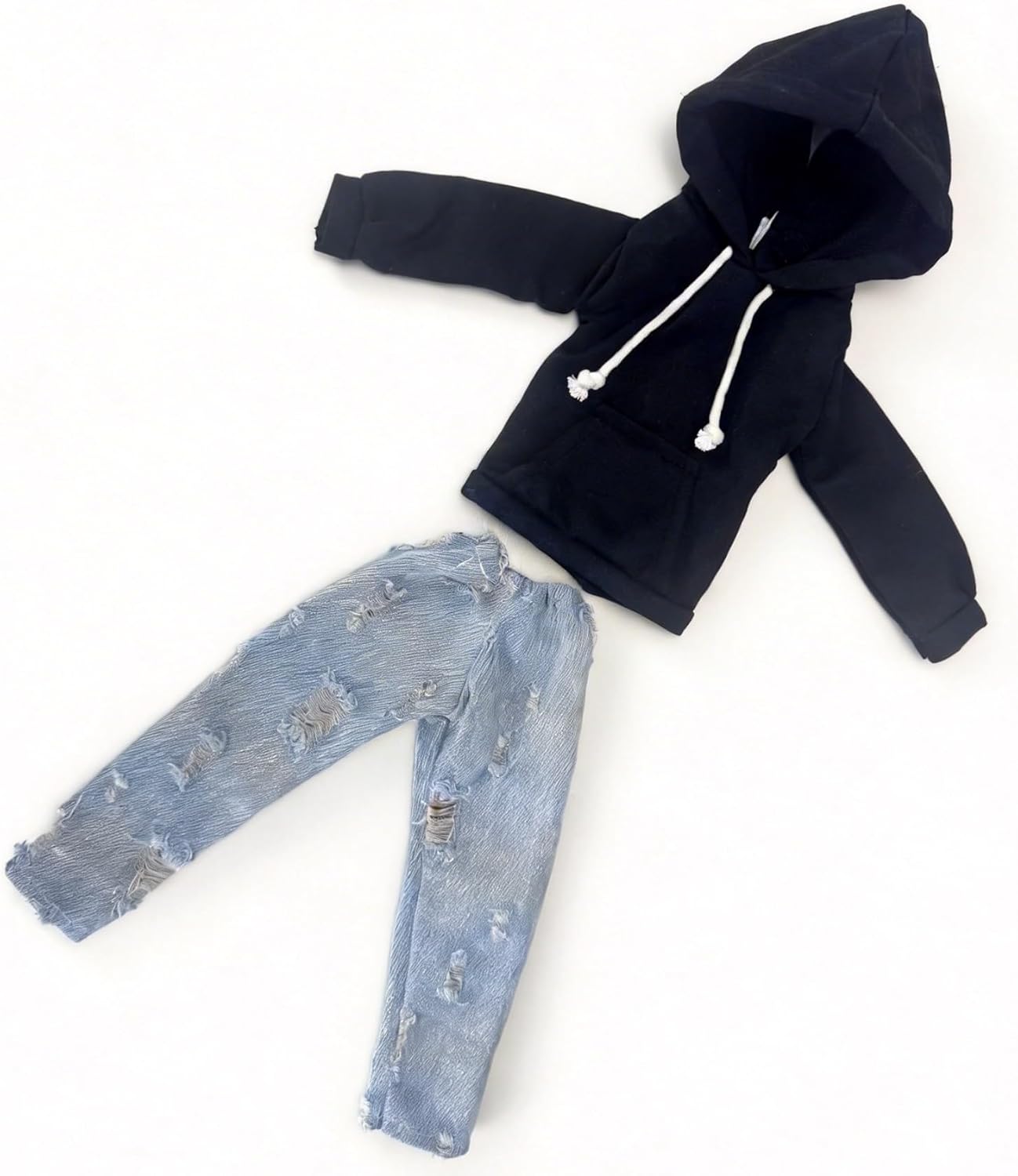 Urban Cool Street Style 1/4 MDD BJD Outfit Set for 45cm Figures, Black Hoodie & Distressed Jeans, Doll Not Included