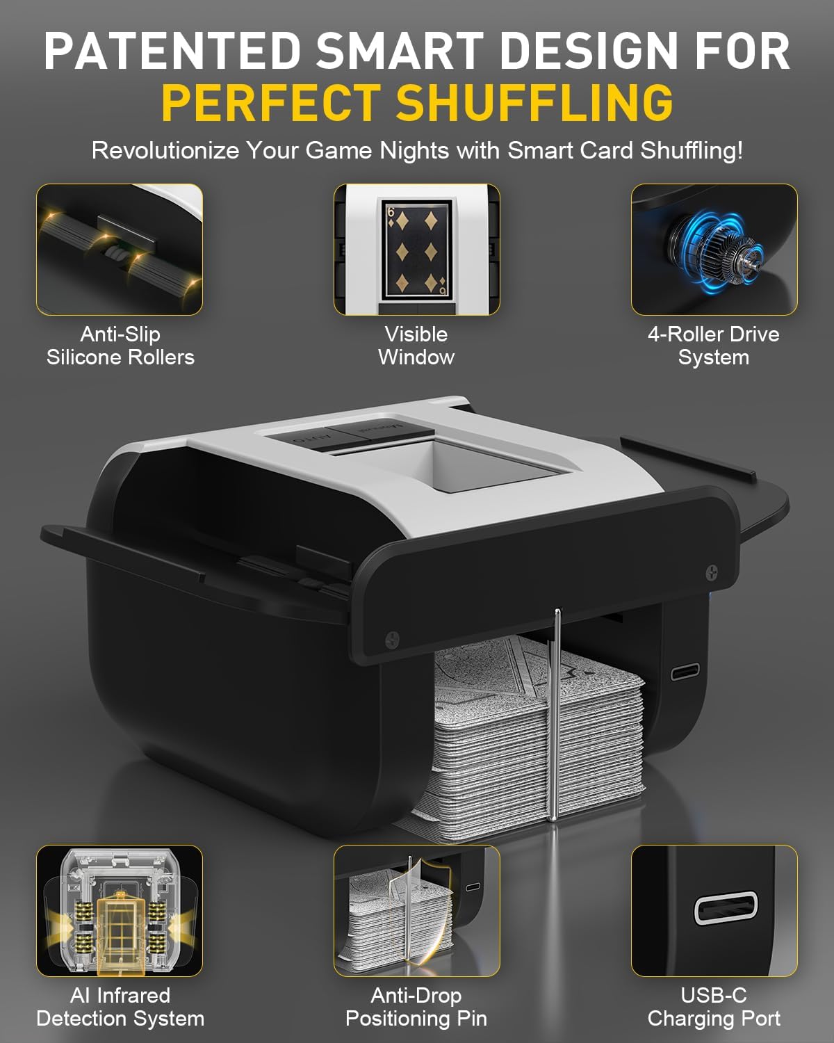 Automatic Card Shuffler Machine, Electric Card Shuffler Rechargeable for 1–2 Decks with Carrying Bag and Playing Cards, Ultra Quiet Dual Mode USB-C Card Shuffler for Poker, UNO, Blackjack