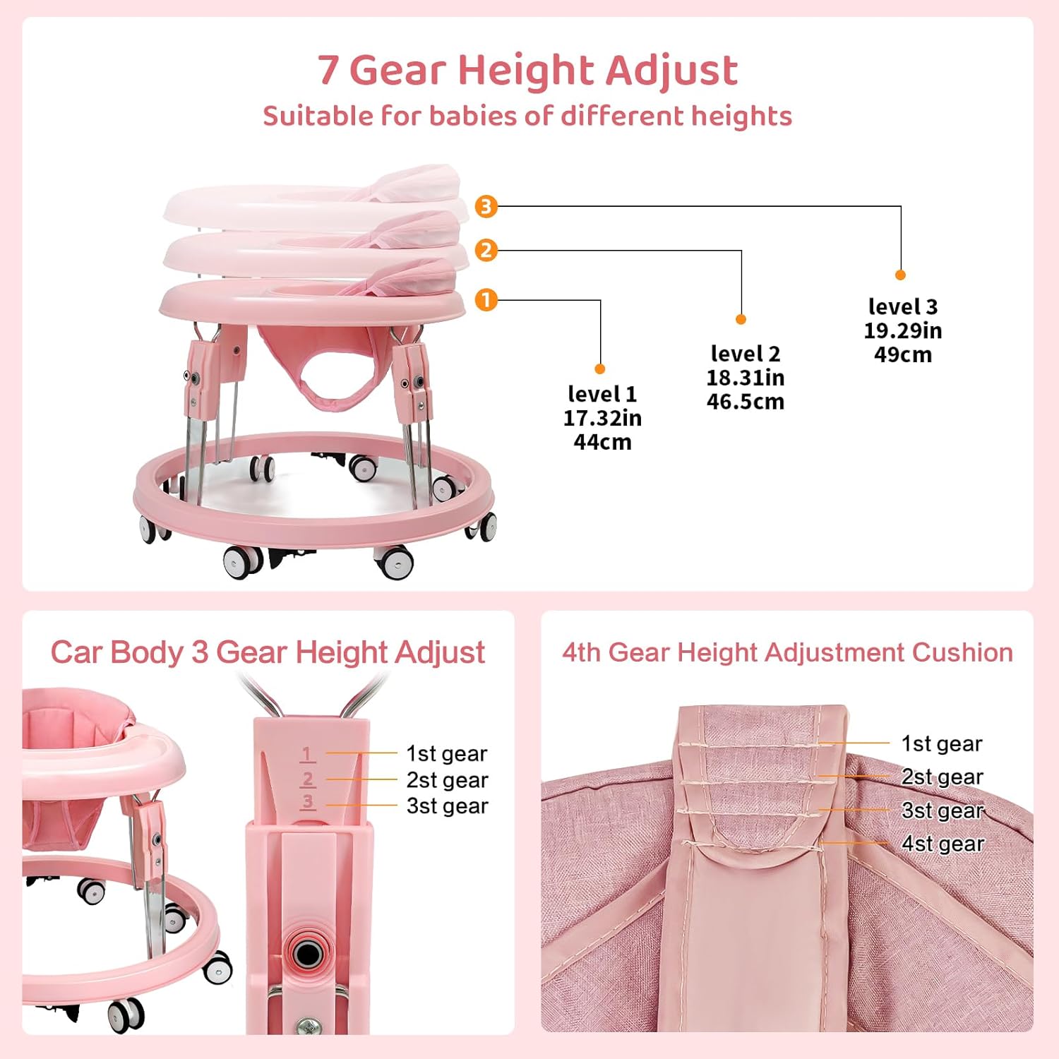 Baby Walker with Wheels, One-Touch Folding Portable Baby Walkers with Height Adjustment, Large Dinner Plate and Brake, Walker for Baby Boy Girls 6-18 Months, Full Pink