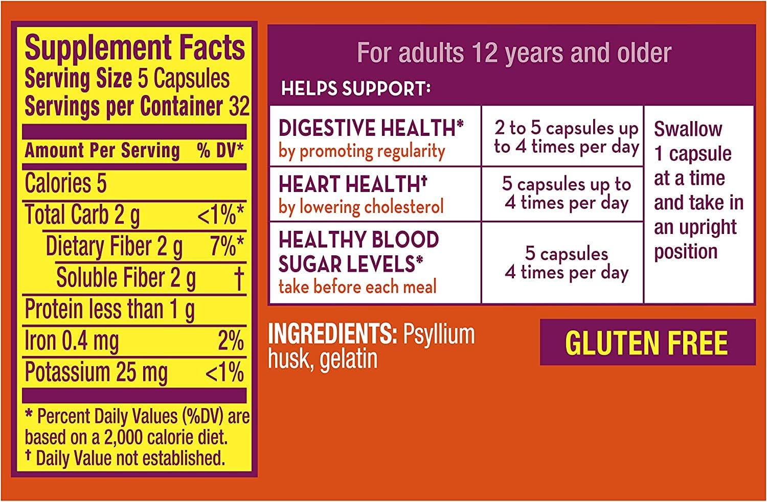 Meta Mucil 3 in 1 MultiHealth Fiber Supplement Capsules - 100 Capsules, Pack of 6