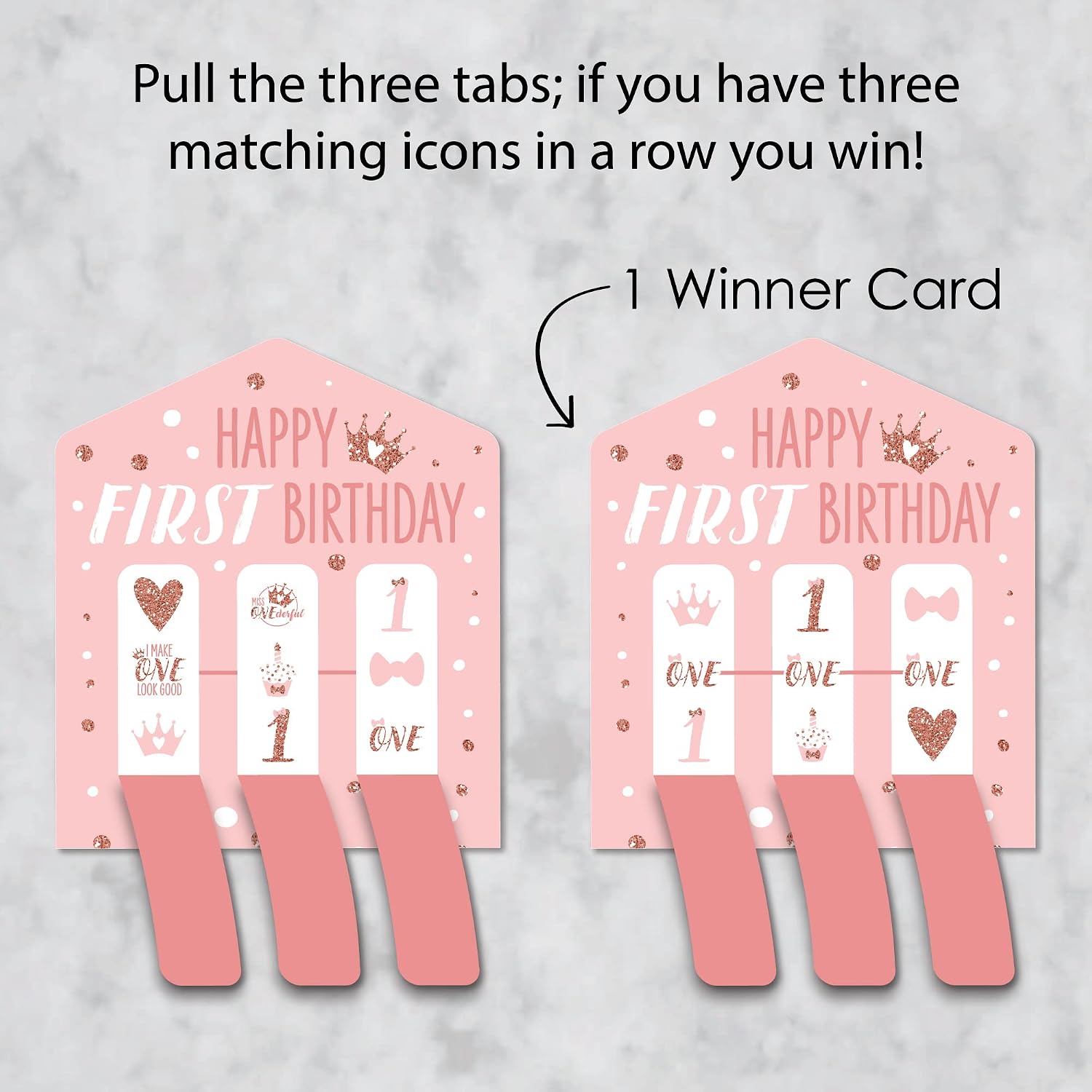 Big Dot of Happiness 1st Birthday Little Miss Onederful - Girl First Birthday Party Game Pickle Cards - Pull Tabs 3-in-a-Row - Set of 12