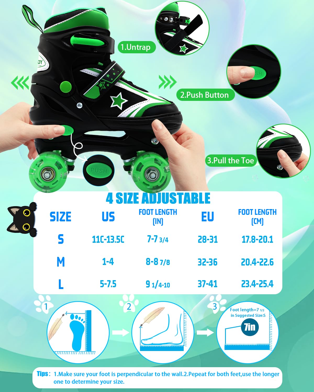 SMOOJOY Roller Skates for Kids Boys and Girls with Light-Up Wheels | Adjustable Size Green Rollerskates Shoes for Youth and Women Ages 5-8