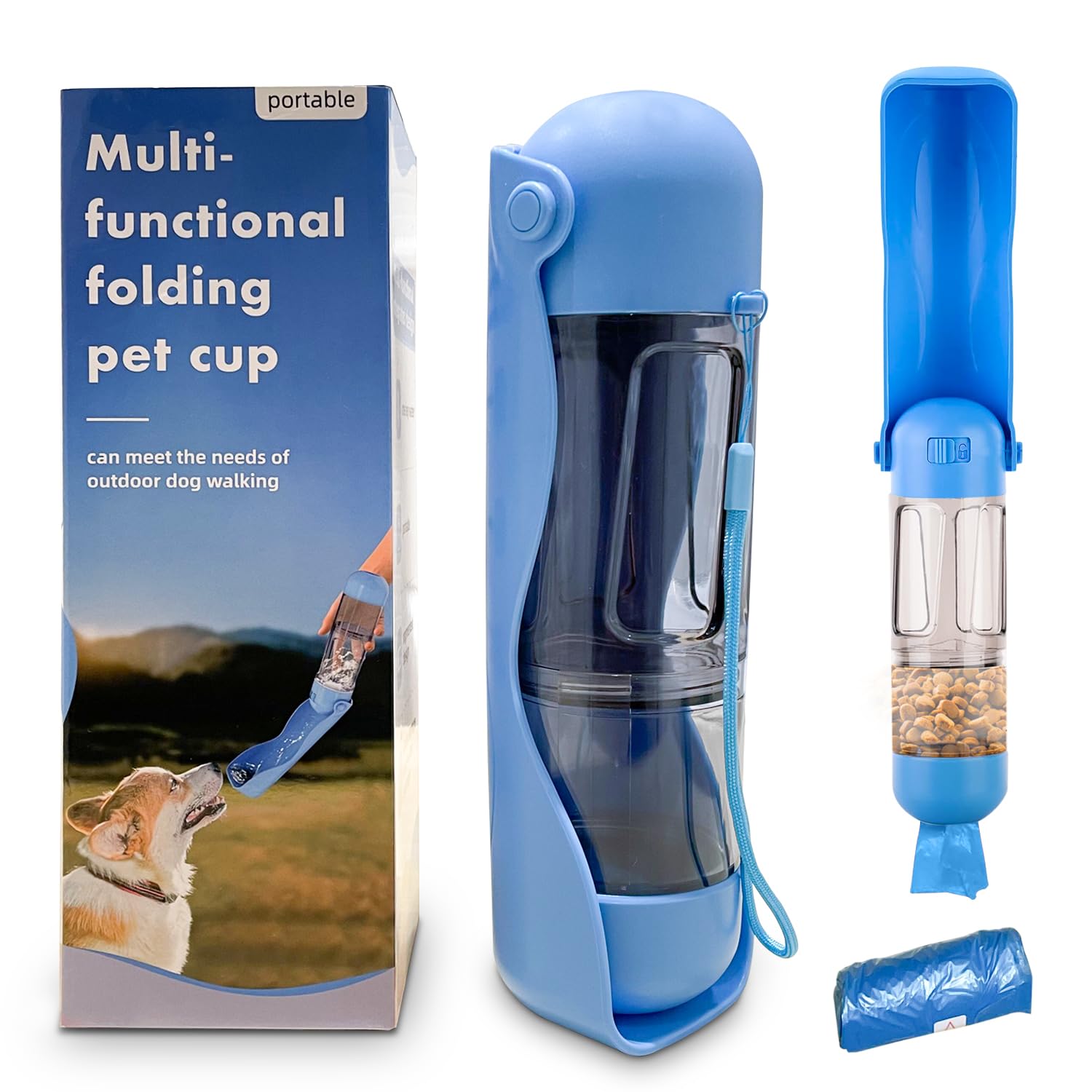 Joey&Viggy Portable Dog Water Bottle 3-in-1 Premium Material– 500ml Leak-Proof Pet Water Dispenser with Food Container, Poop Scoop & Bag Holder – Travel Dog Bottle for Walking, Hiking & Camping(BLUE)
