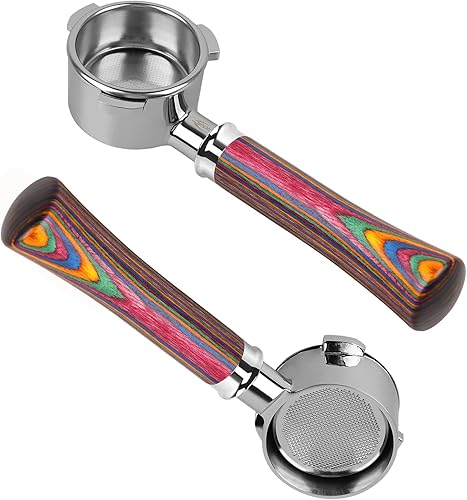 Miniatura 7 de IKAPE Portafiltro de 2.008 in sin fondo, 2 orejas de café sin fondo con cesta de filtro, fabricado en madera natural, compatible con máquina de café