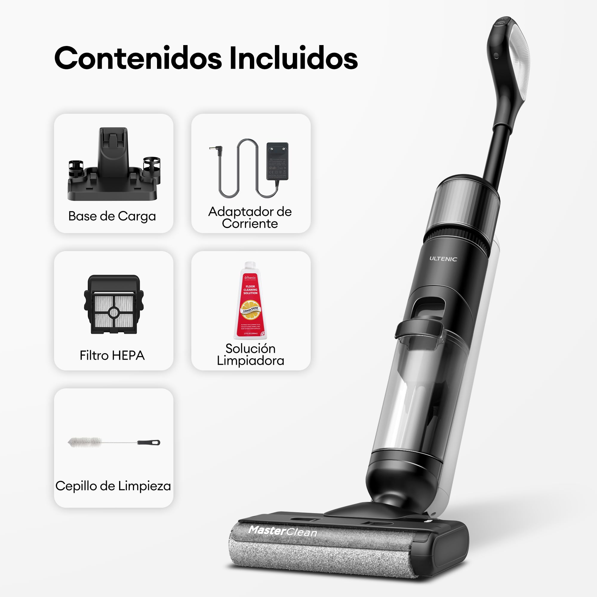 Ultenic Aspiradora sin Cable 3 en 1 con Autolimpieza - Aspiradora en Seco y Húmedo Inteligente para Suelos Duros, 50 Min de Autonomía, Detección de Suciedad y Limpieza de Bordes