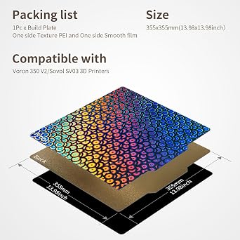 355 x 355mm Double-Sided PEK and Gold Textured PEI Sheet Spring Steel Build Plate with Magnetic Base for Voron 2.4 350, Sovol SV03 & RepRap 3D Printers