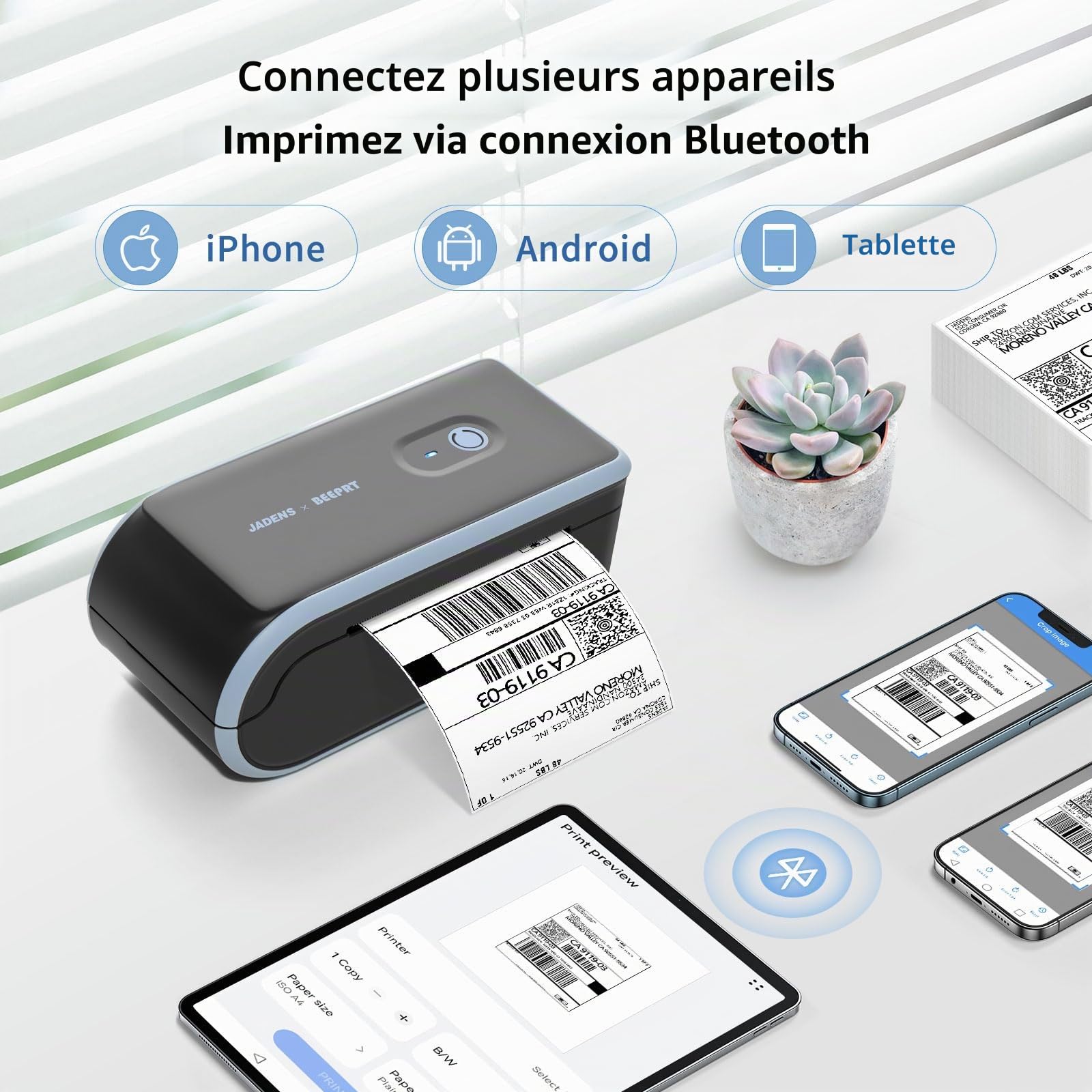 JADENS Imprimante d'étiquettes Thermiques sans Fil 4x6 pour l'expédition de Colis, Compatible avec Android, iPhone, Mac, Chromebook et Windows, utilisée pour Amazon